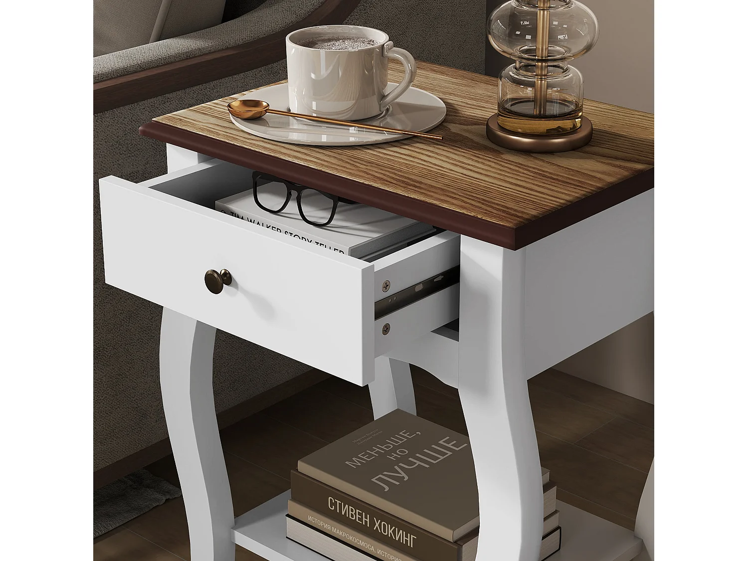 Rifipa Set of 2 French Style Bedside Tables with Drawer and Open Shelf