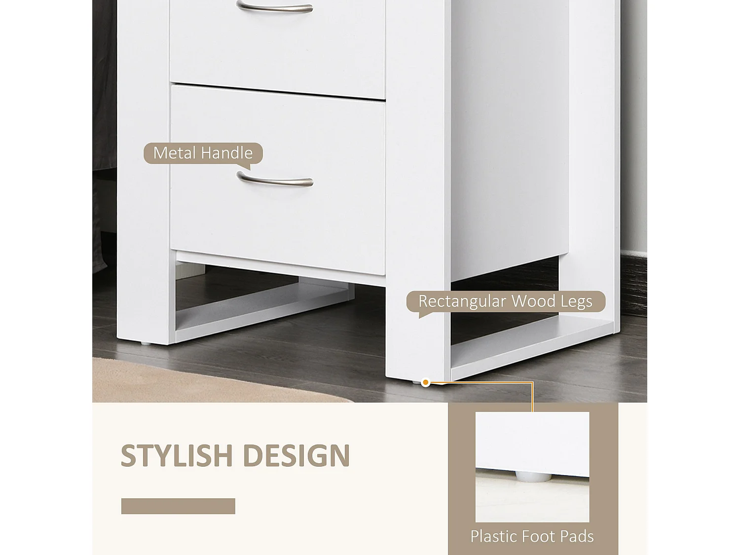 Tocoma White 2 Drawer Bedside Table Particleboard Melamine Coating Silver Handles