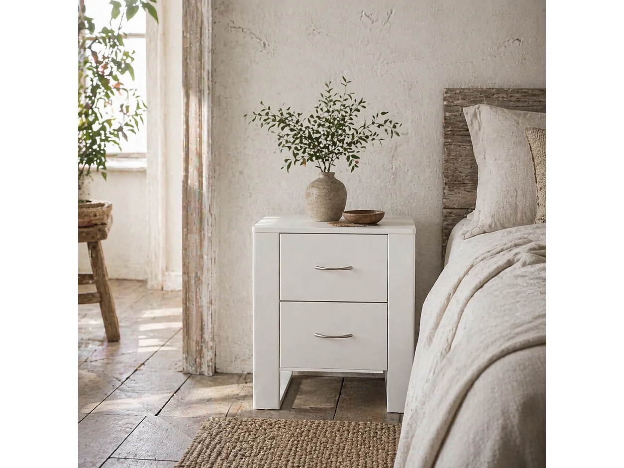 Tocoma White 2 Drawer Bedside Table Particleboard Melamine Coating Silver Handles
