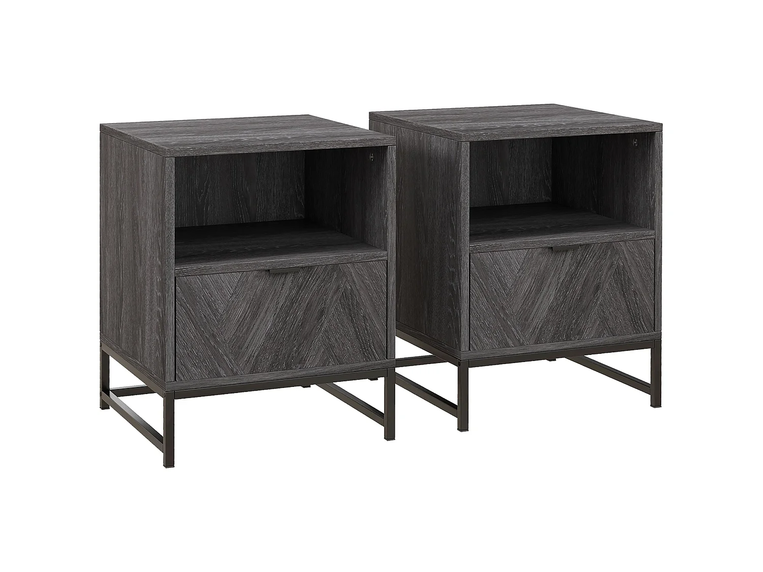 Halapa Set of 2 Dark Grey Bedside Tables with Drawer and Open Shelf