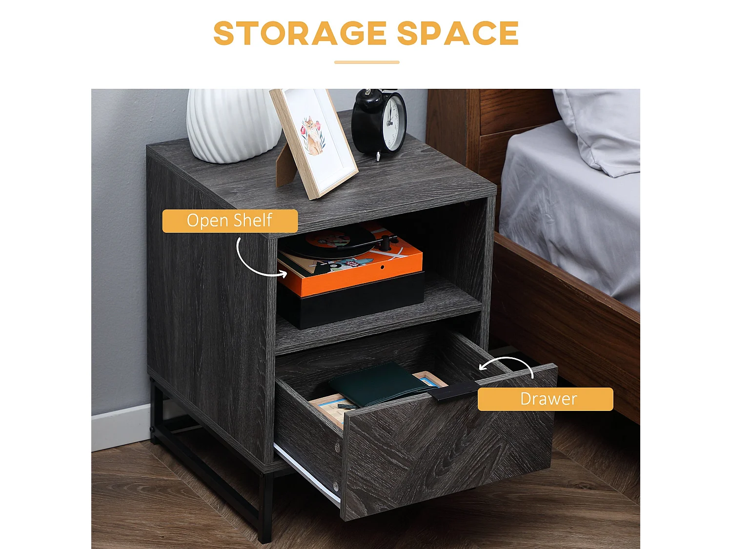 Halapa Set of 2 Dark Grey Bedside Tables with Drawer and Open Shelf