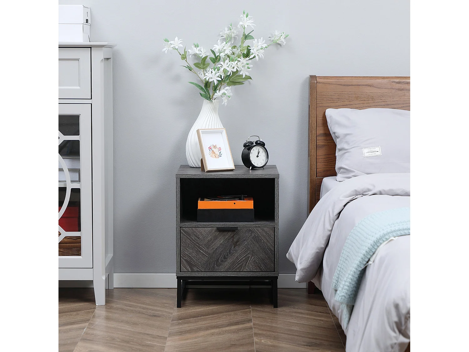 Halapa Set of 2 Dark Grey Bedside Tables with Drawer and Open Shelf
