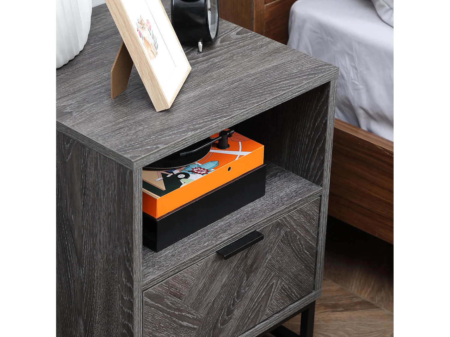 Halapa Set of 2 Dark Grey Bedside Tables with Drawer and Open Shelf