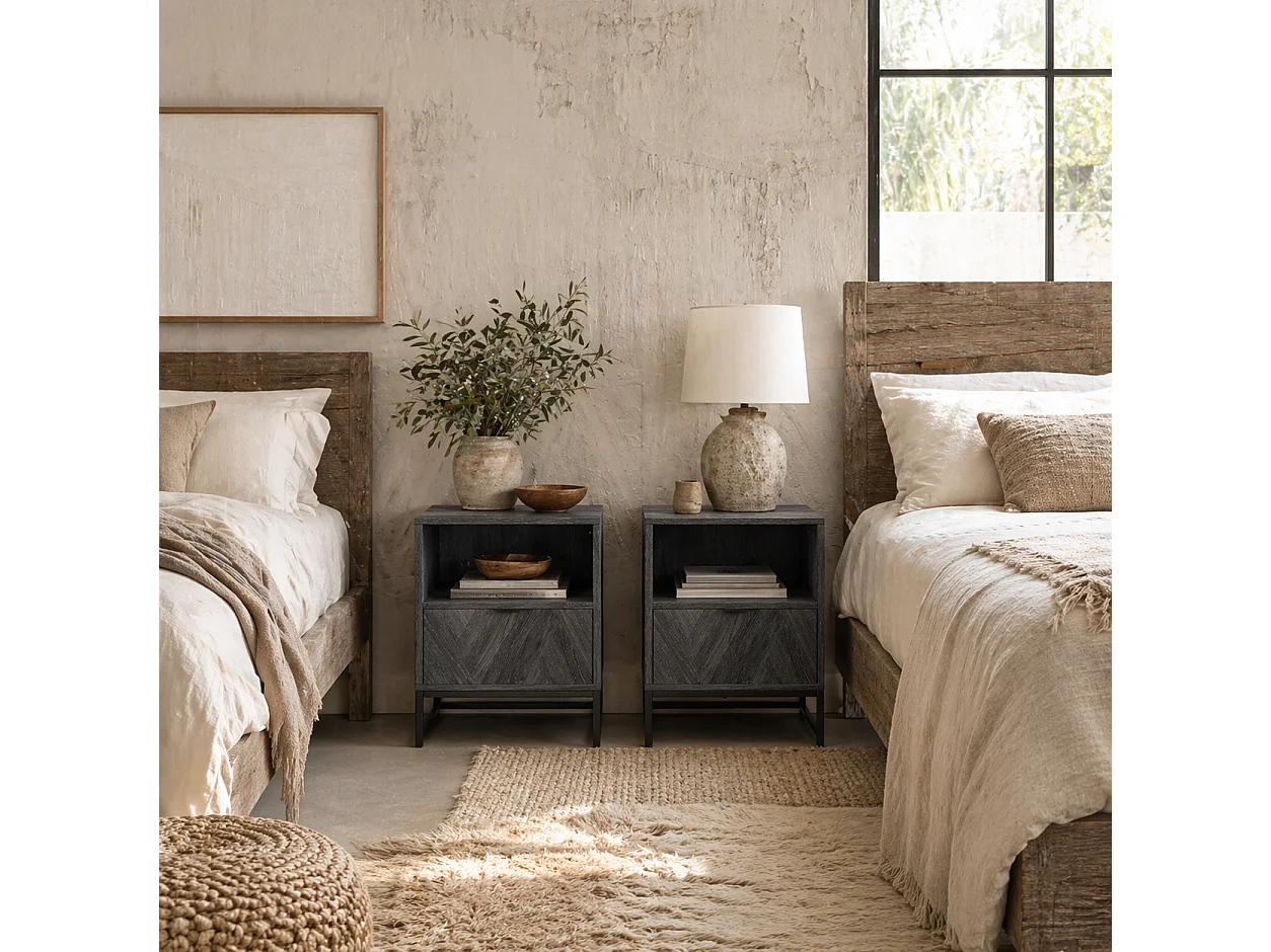Halapa Set of 2 Dark Grey Bedside Tables with Drawer and Open Shelf