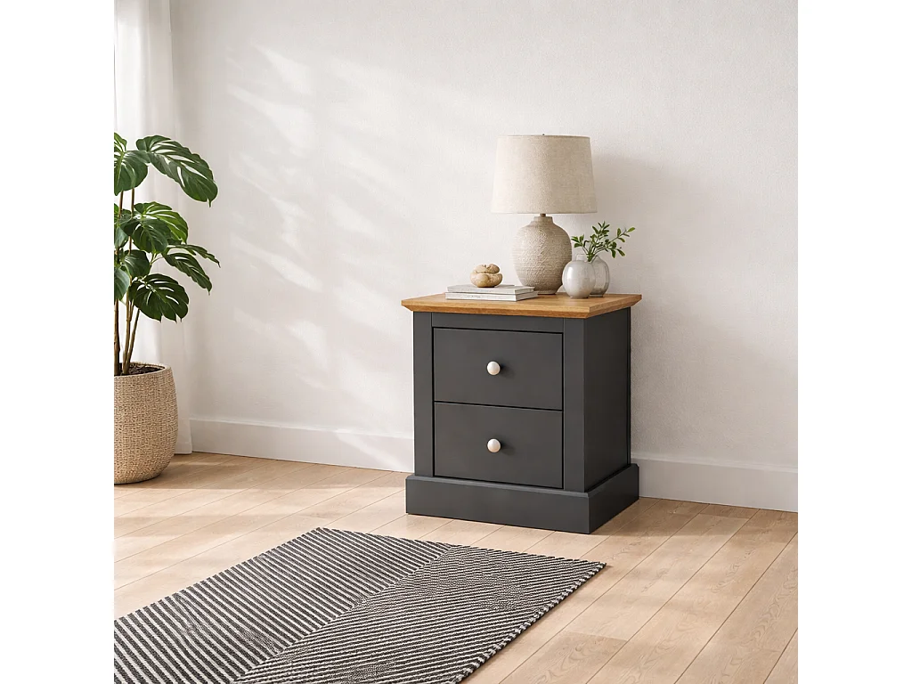 Ardee 2 Drawer Bedside Table Dark Grey Finish with Natural Oak Top
