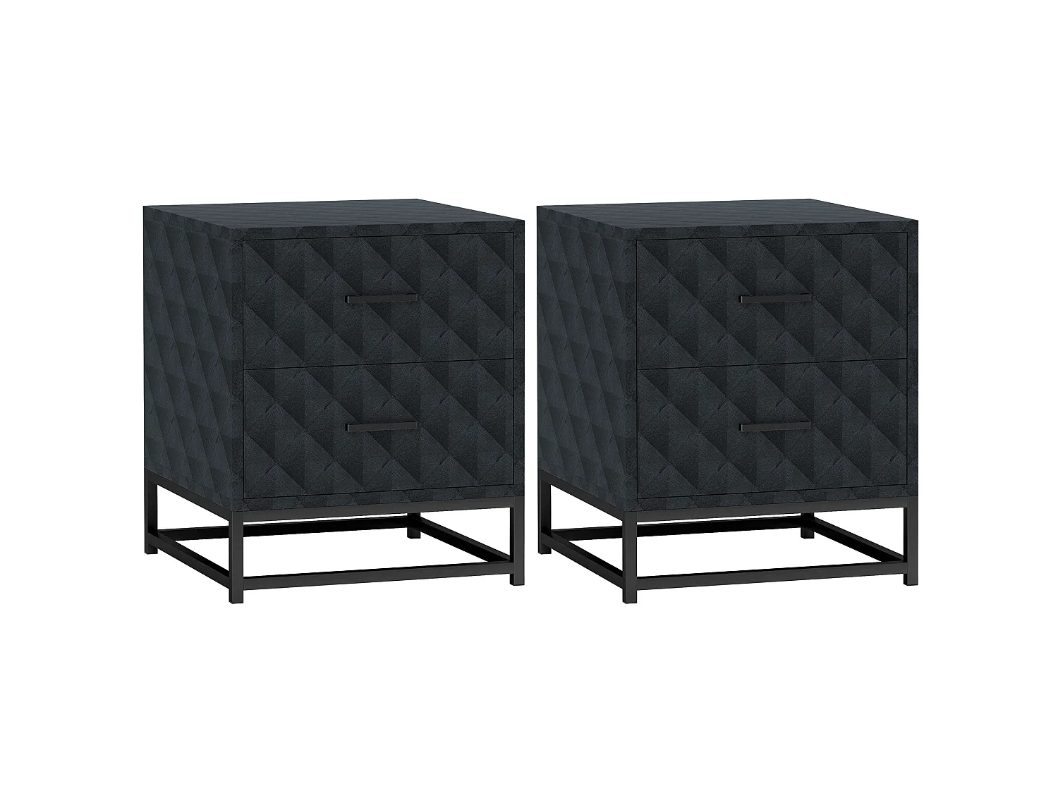 Roel Set of 2 Black Bedside Tables with 2 Drawers and Steel Legs
