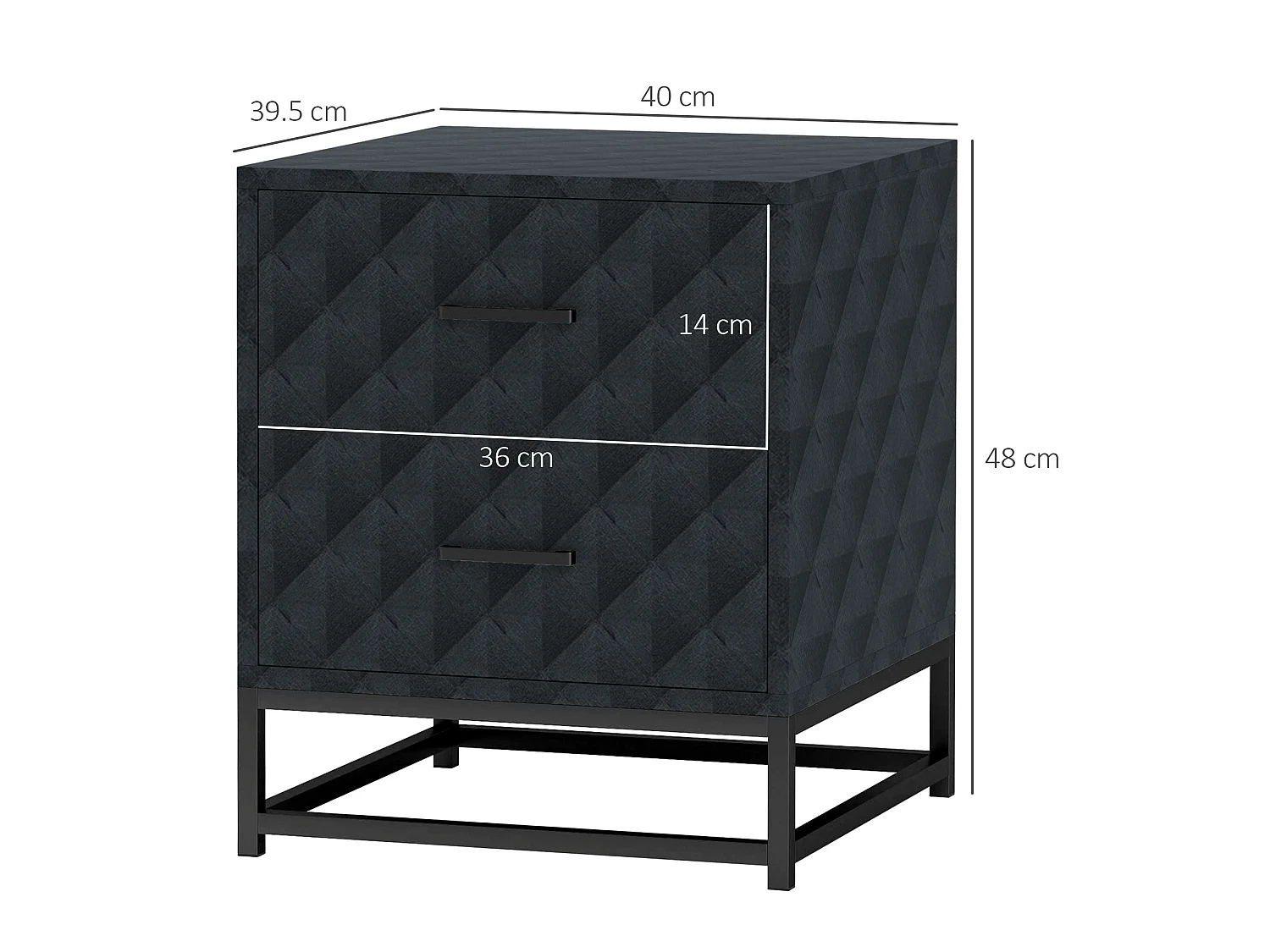 Roel Set of 2 Black Bedside Tables with 2 Drawers and Steel Legs