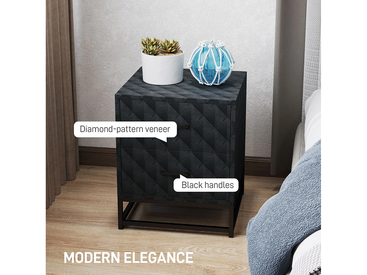 Roel Set of 2 Black Bedside Tables with 2 Drawers and Steel Legs