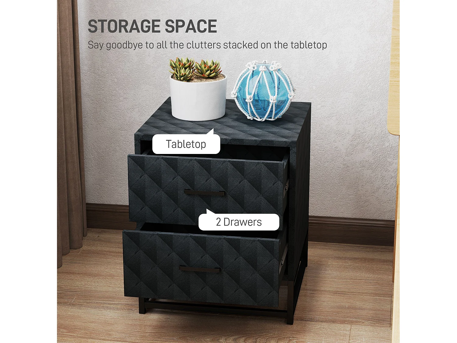 Roel Set of 2 Black Bedside Tables with 2 Drawers and Steel Legs