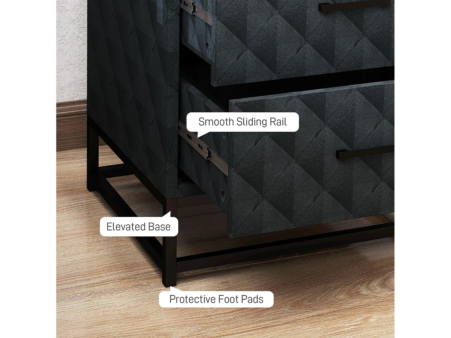 Roel Set of 2 Black Bedside Tables with 2 Drawers and Steel Legs