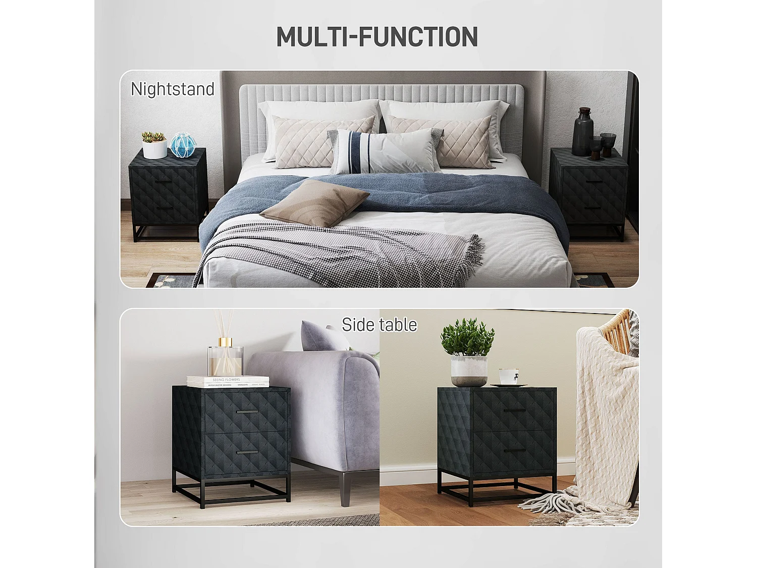 Roel Set of 2 Black Bedside Tables with 2 Drawers and Steel Legs