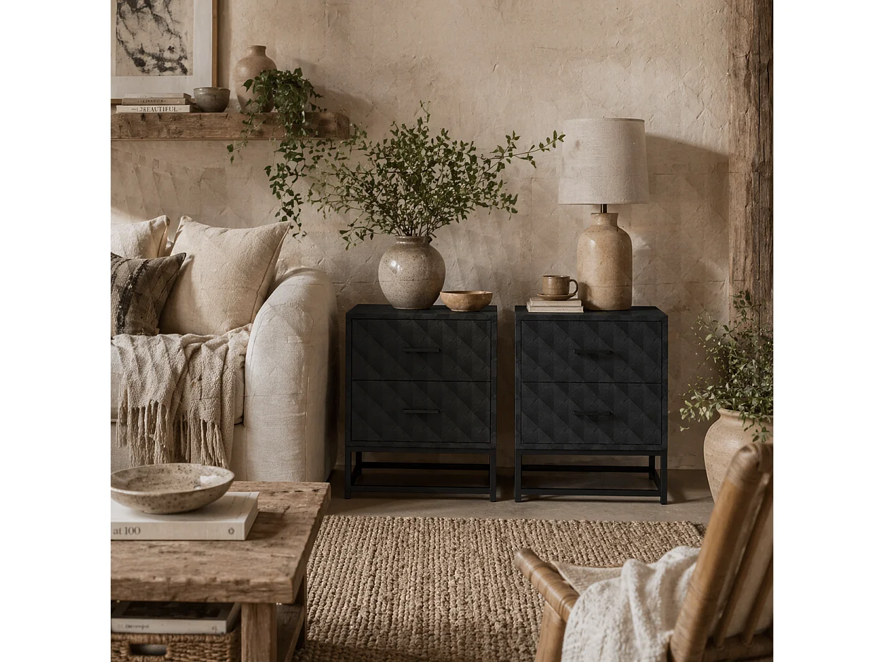 Roel Set of 2 Black Bedside Tables with 2 Drawers and Steel Legs