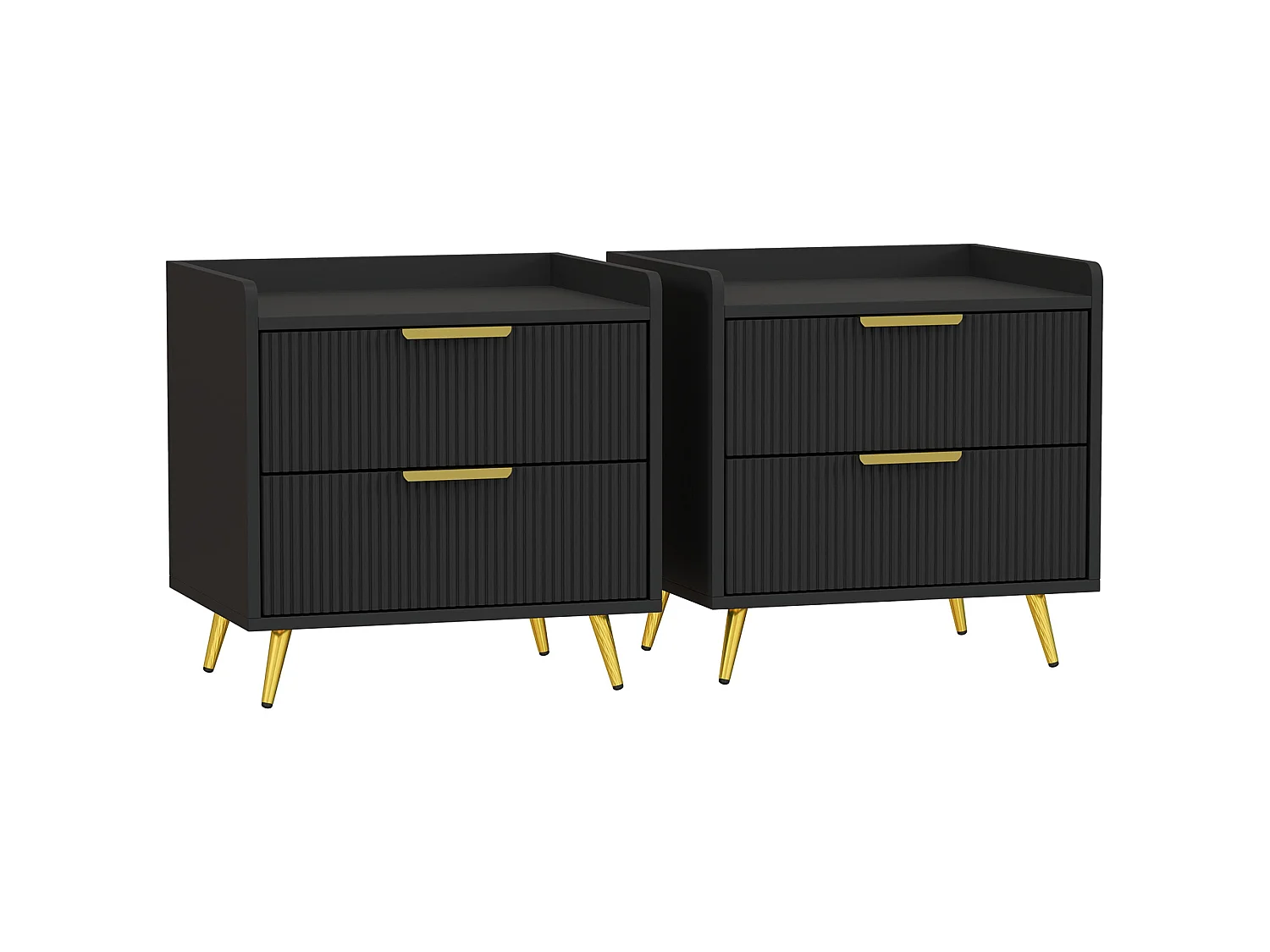Veha Set of 2 Black Ribbed 2 Drawer Nightstands with Gold Handles