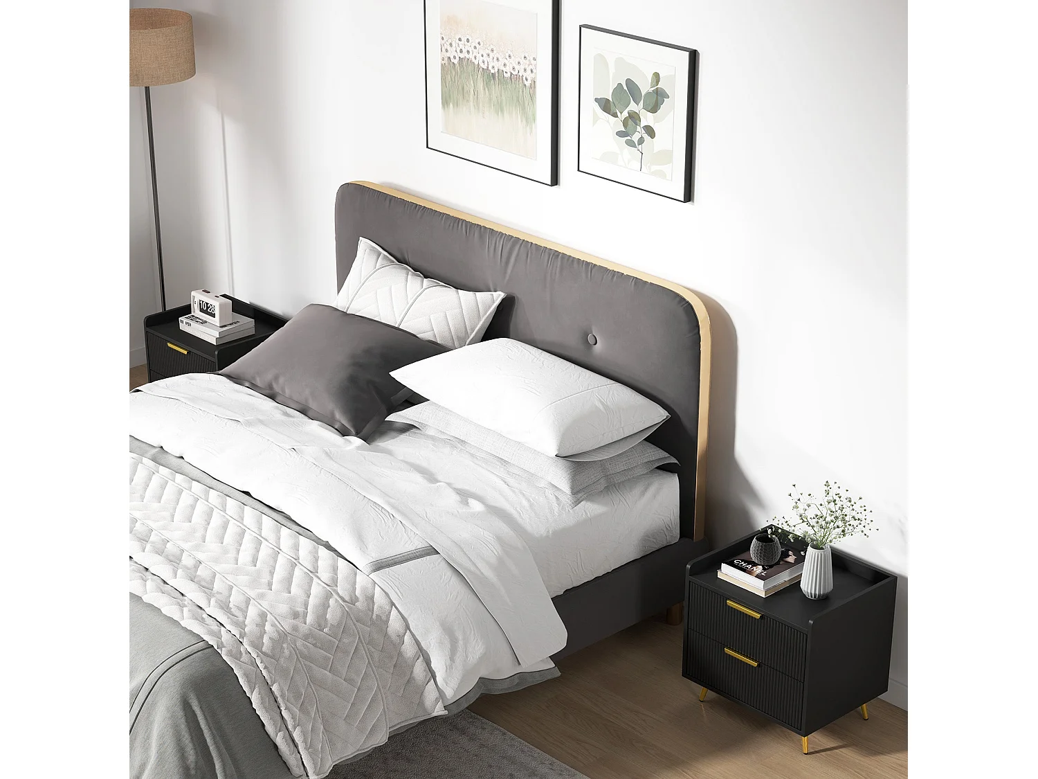 Veha Set of 2 Black Ribbed 2 Drawer Nightstands with Gold Handles