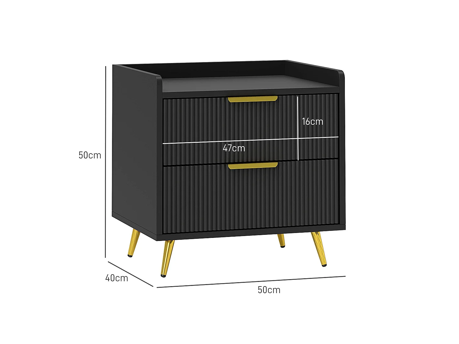 Veha Set of 2 Black Ribbed 2 Drawer Nightstands with Gold Handles