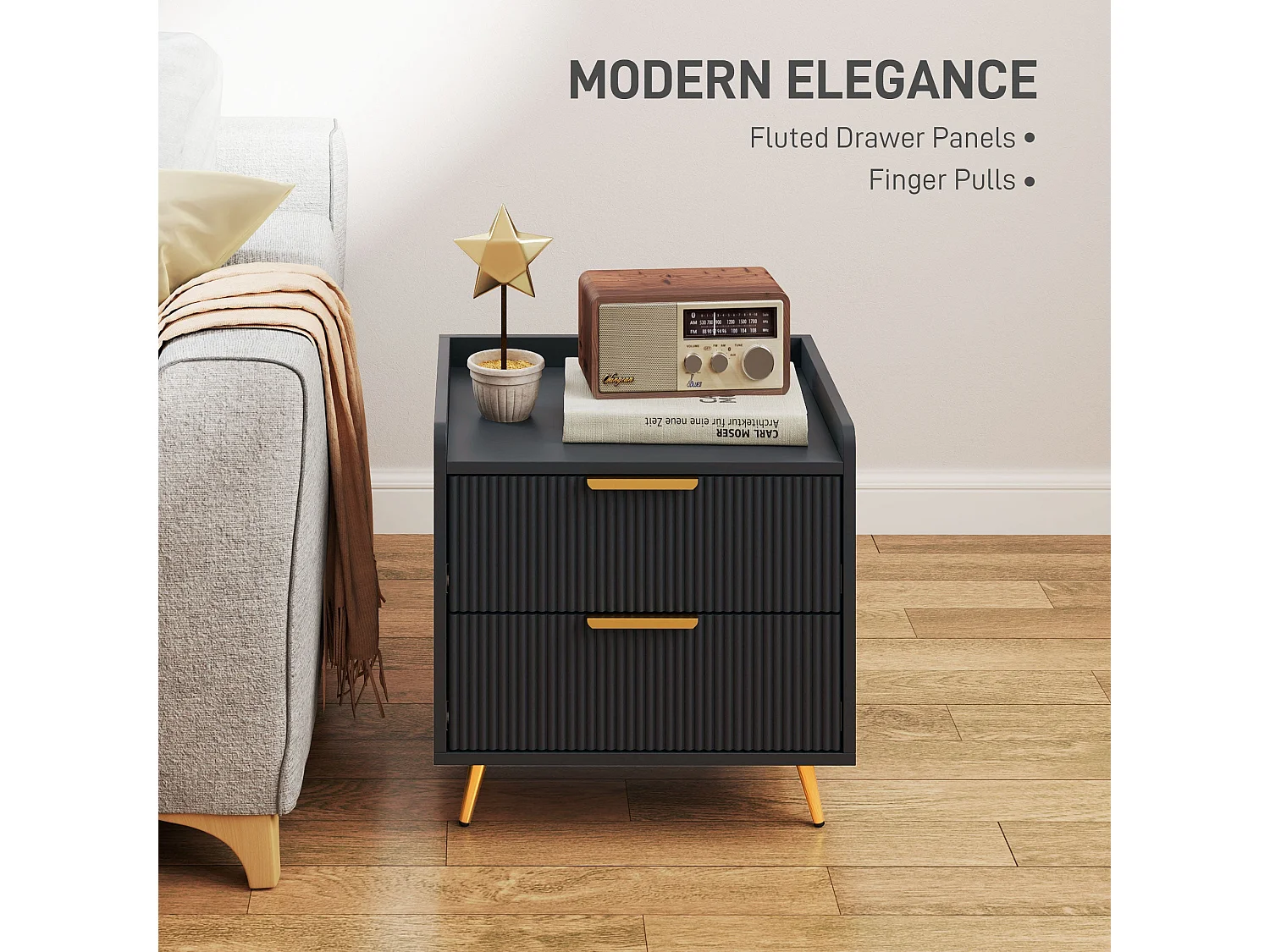 Veha Set of 2 Black Ribbed 2 Drawer Nightstands with Gold Handles