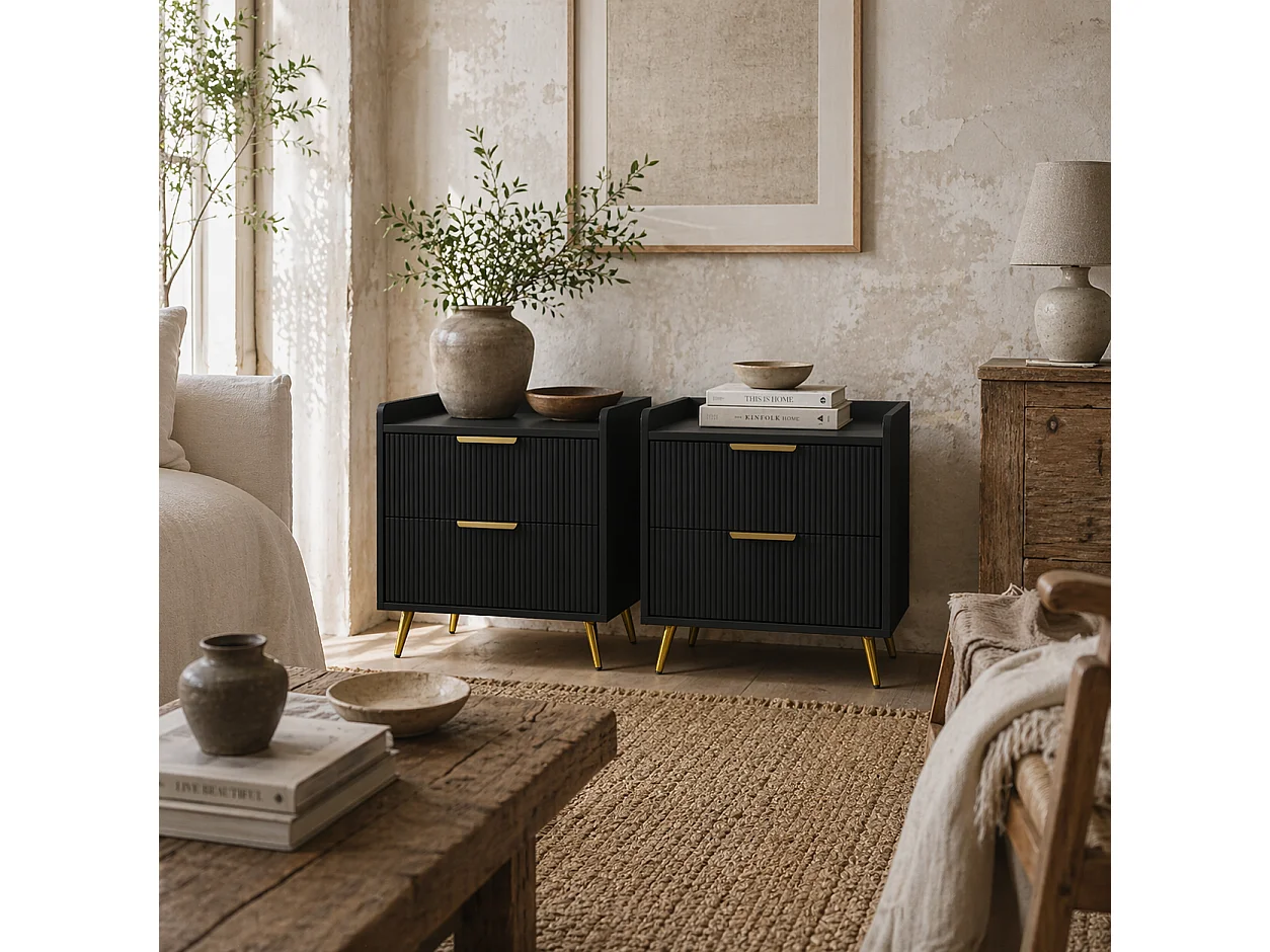 Veha Set of 2 Black Ribbed 2 Drawer Nightstands with Gold Handles