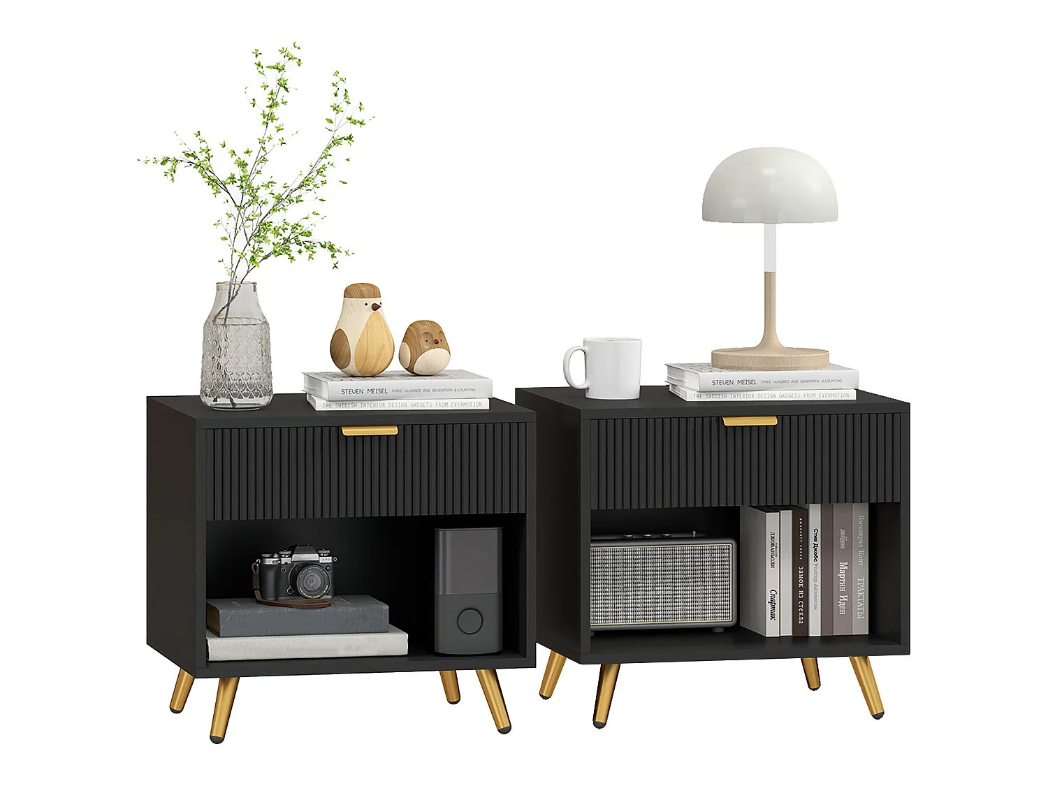 Sota Sola Set of 2 Black and Gold Ribbed Bedside Tables with Drawer and Shelf