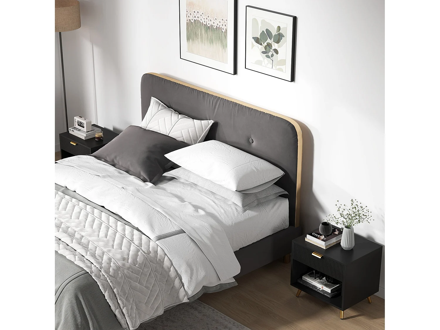 Sota Sola Set of 2 Black and Gold Ribbed Bedside Tables with Drawer and Shelf