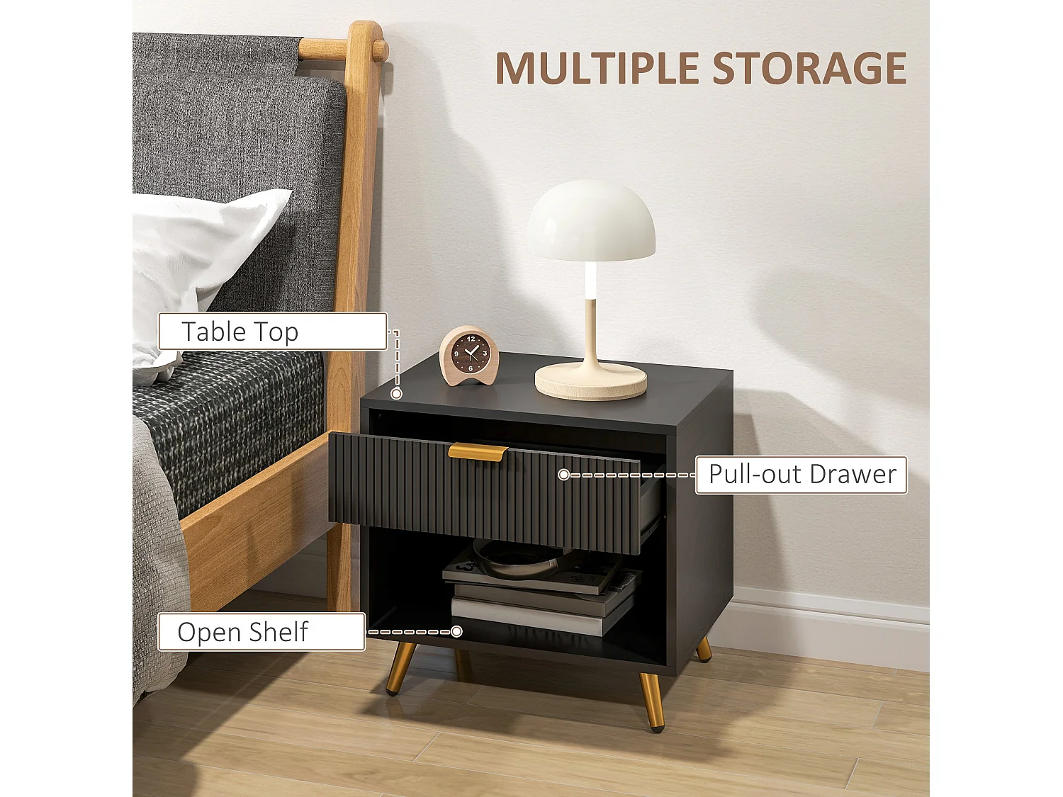 Sota Sola Set of 2 Black and Gold Ribbed Bedside Tables with Drawer and Shelf