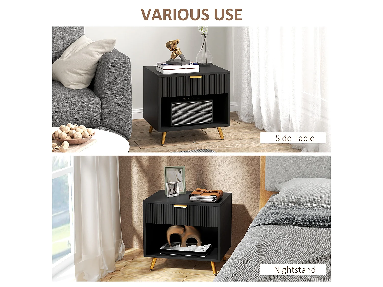 Sota Sola Set of 2 Black and Gold Ribbed Bedside Tables with Drawer and Shelf