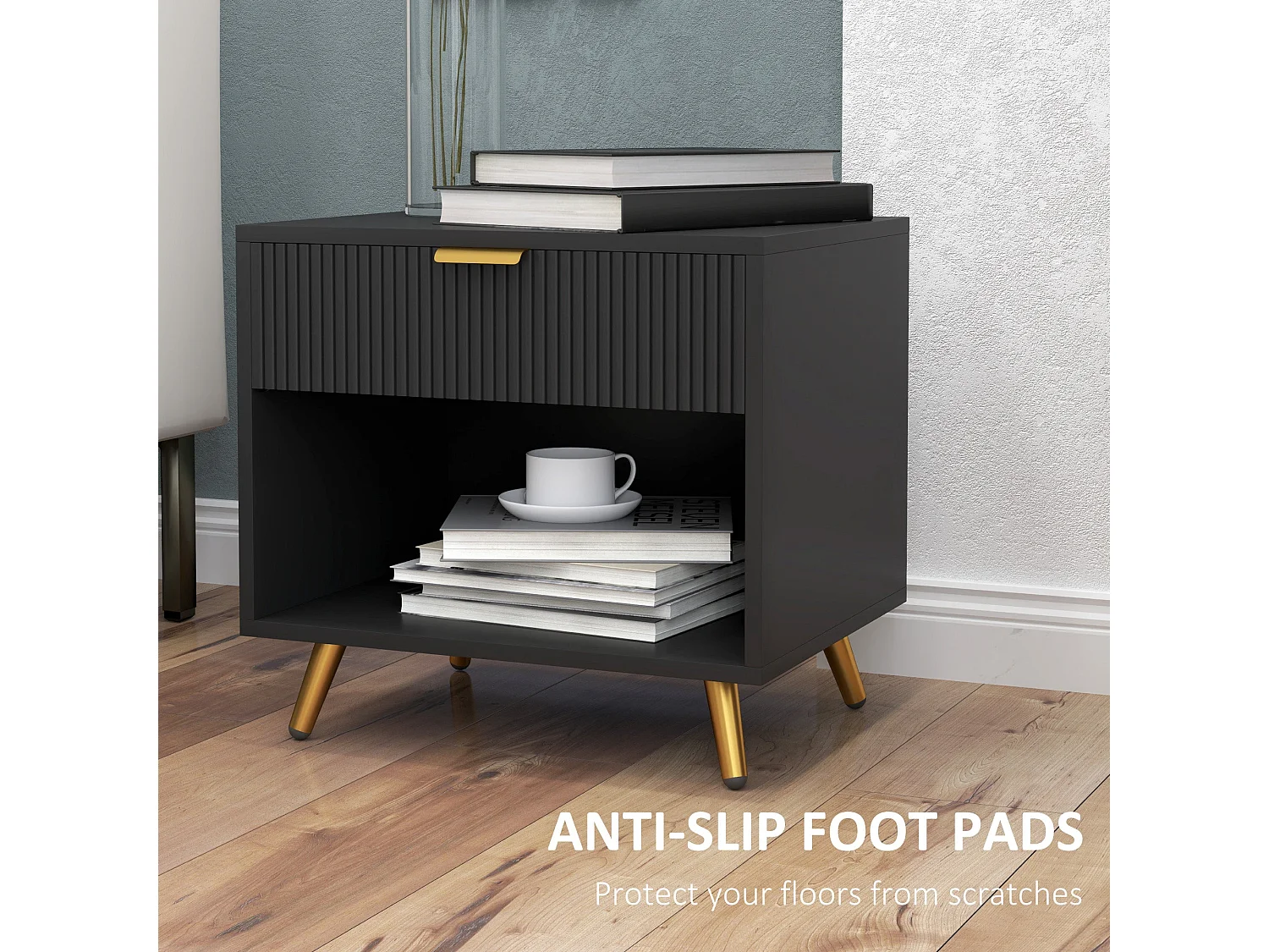 Sota Sola Set of 2 Black and Gold Ribbed Bedside Tables with Drawer and Shelf