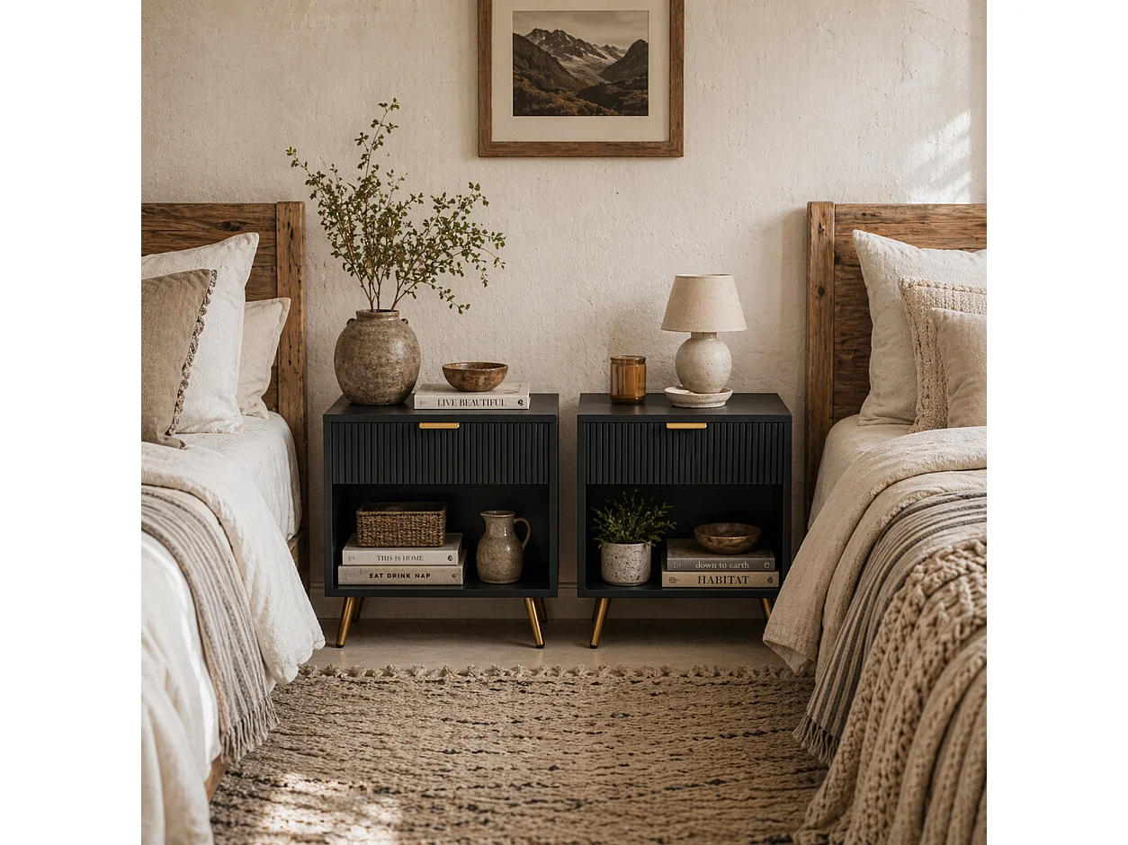 Sota Sola Set of 2 Black and Gold Ribbed Bedside Tables with Drawer and Shelf