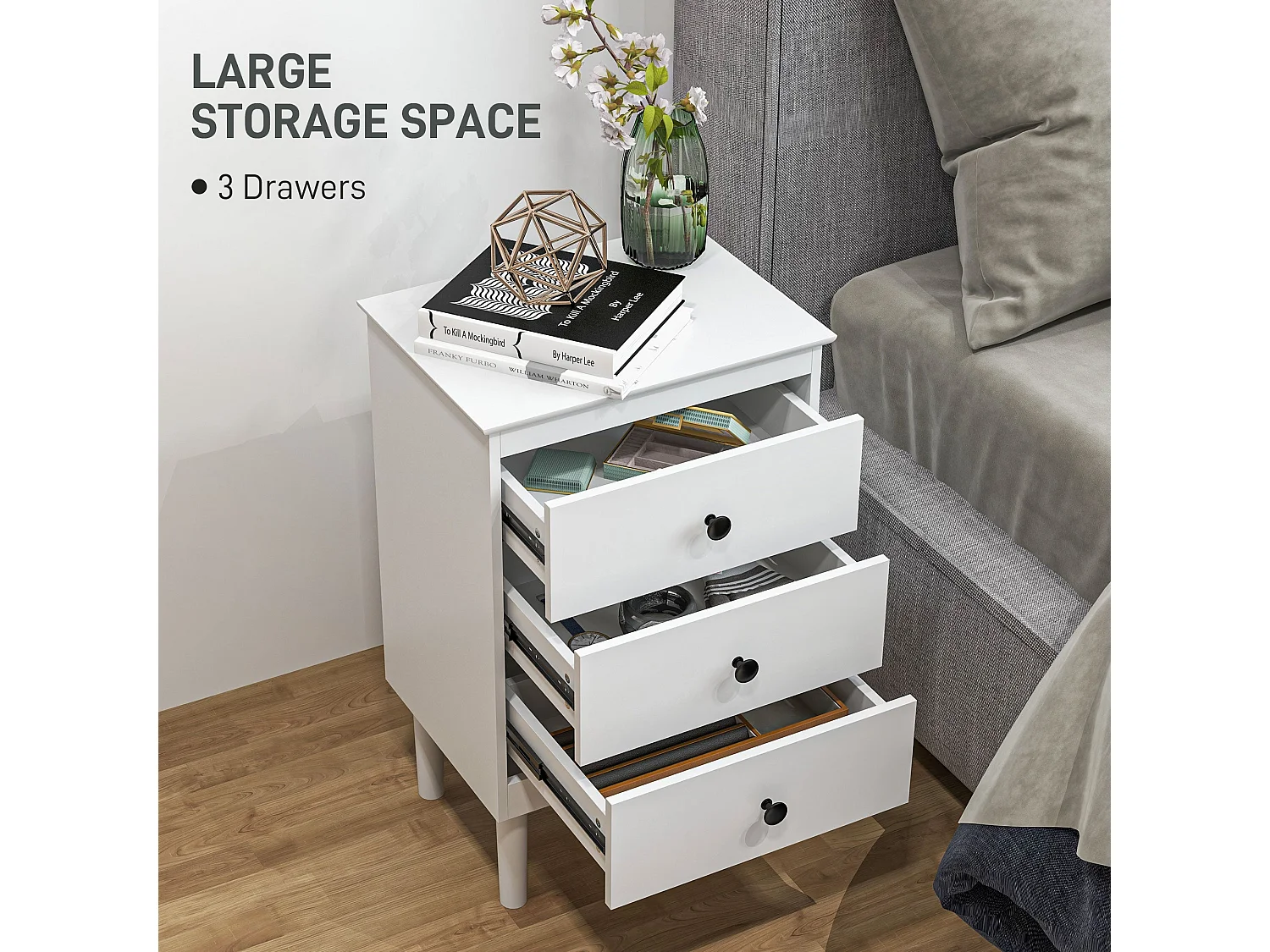 Latato Set of 2 White Bedside Tables with 3 Drawers