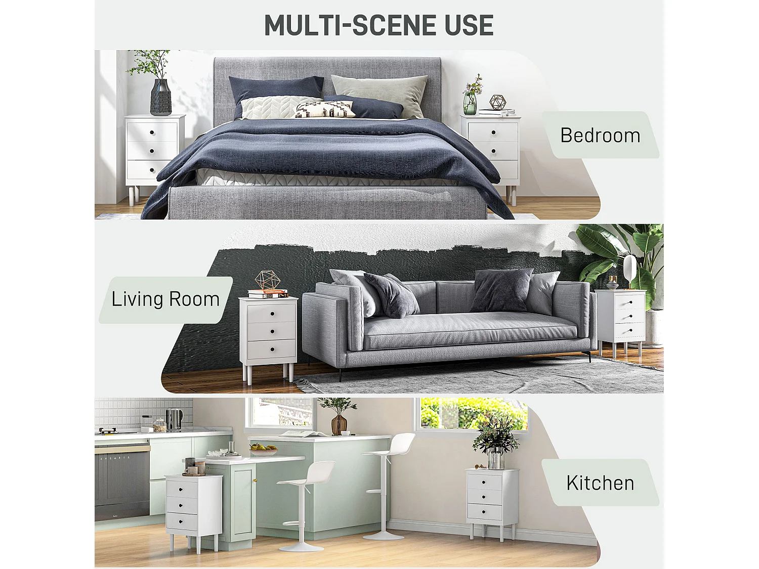Latato Set of 2 White Bedside Tables with 3 Drawers