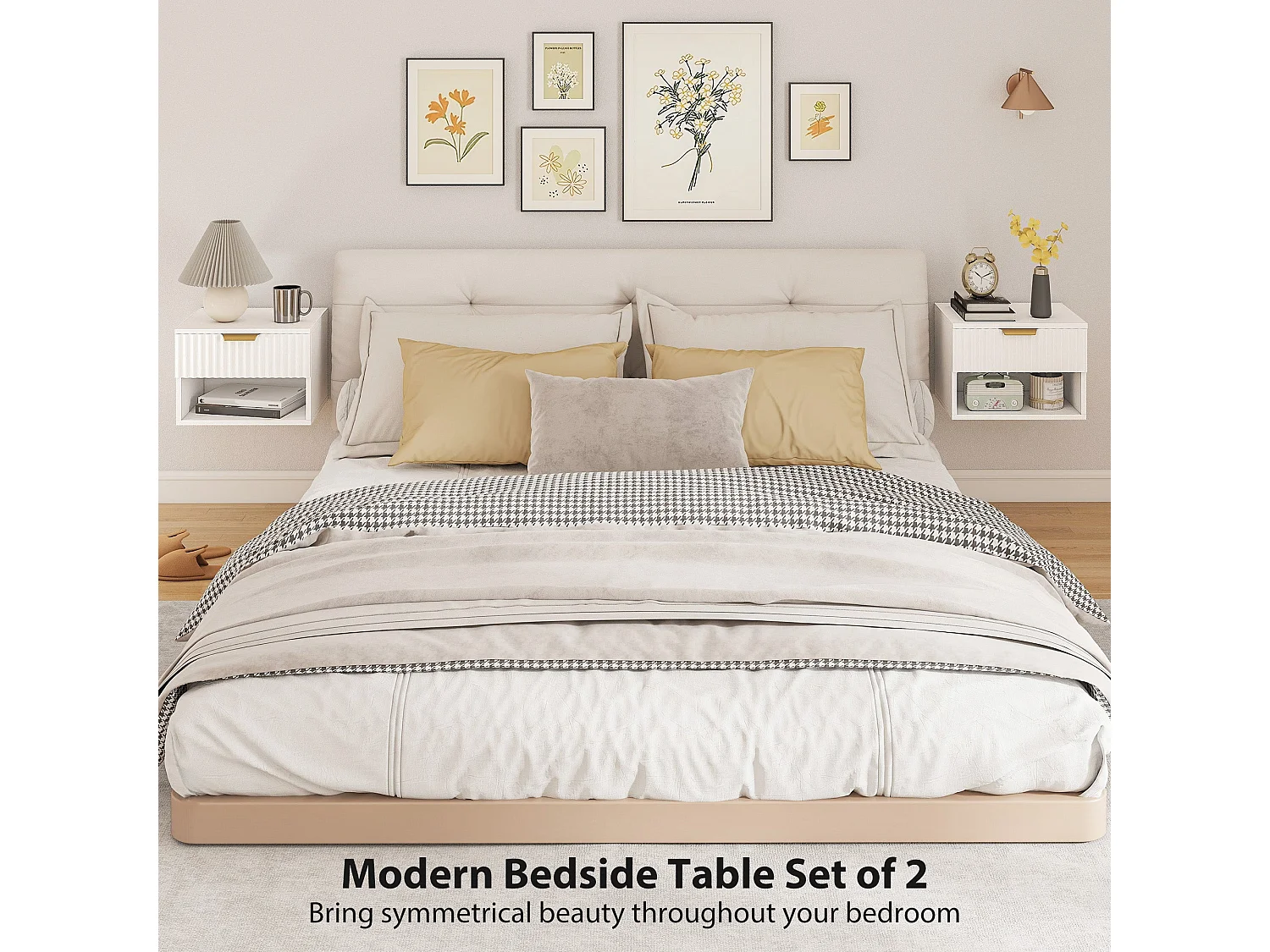Ludi Set of 2 White Wall Mounted Bedside Tables with Fluted Drawer and Shelf