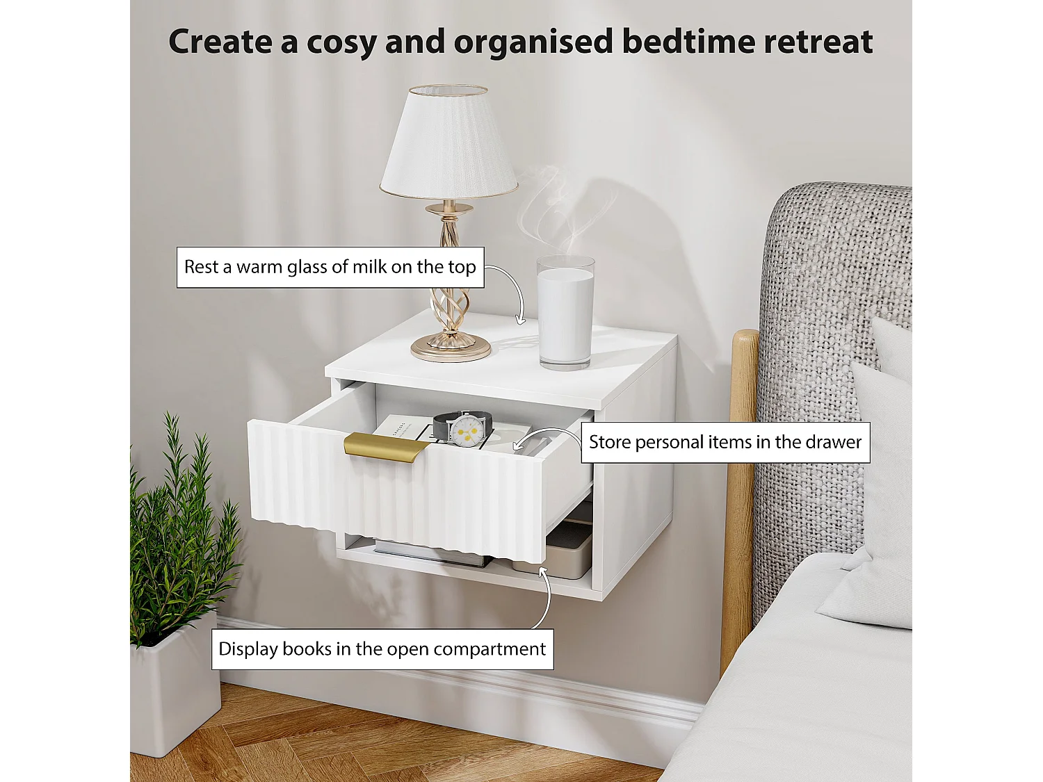 Ludi Set of 2 White Wall Mounted Bedside Tables with Fluted Drawer and Shelf