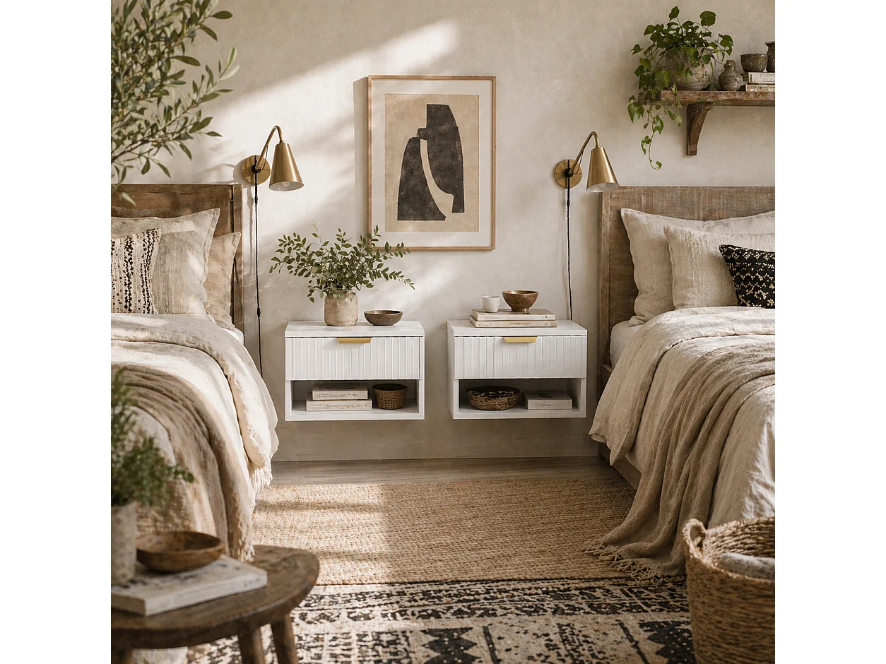 Ludi Set of 2 White Wall Mounted Bedside Tables with Fluted Drawer and Shelf
