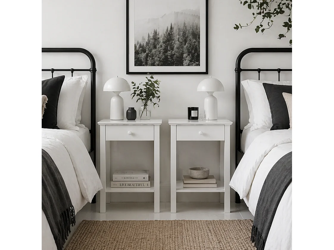 Maco Set of 2 White Wooden Bedside Tables with Drawer and Bottom Shelf
