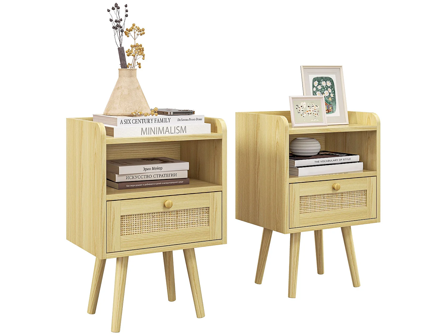 Fira Set of 2 Wood Effect Rattan Weave Bedside Tables