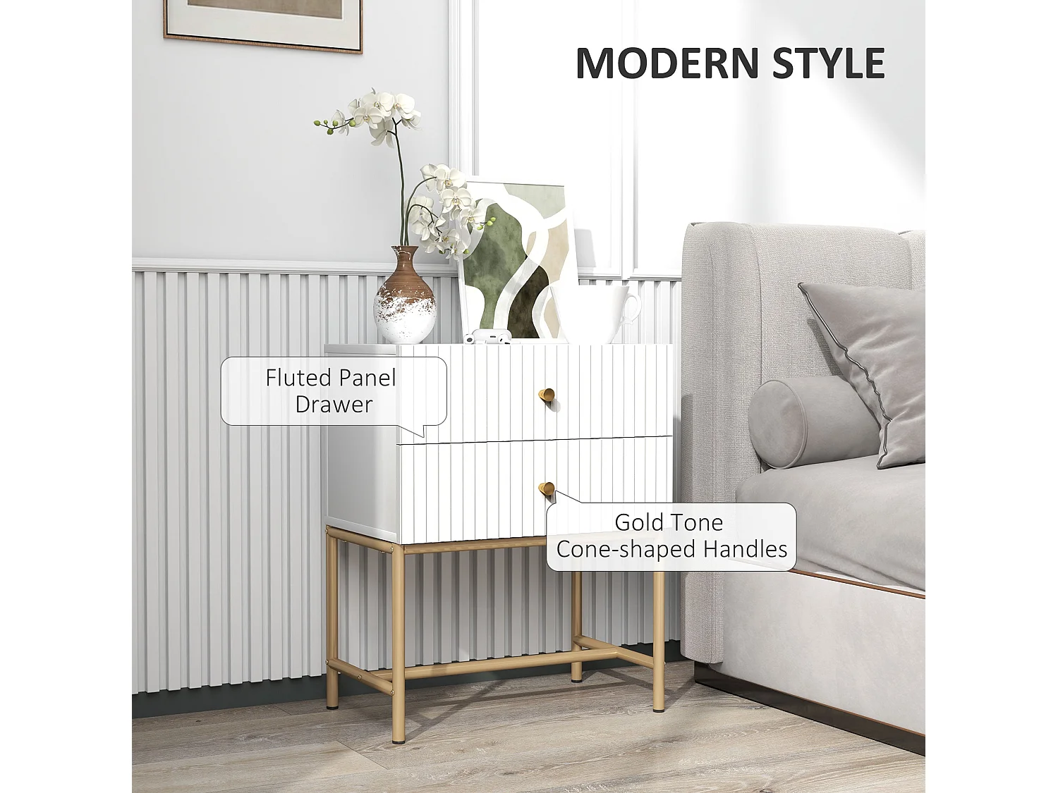 Lelu Rata White and Gold 2 Drawer Ribbed Bedside Table