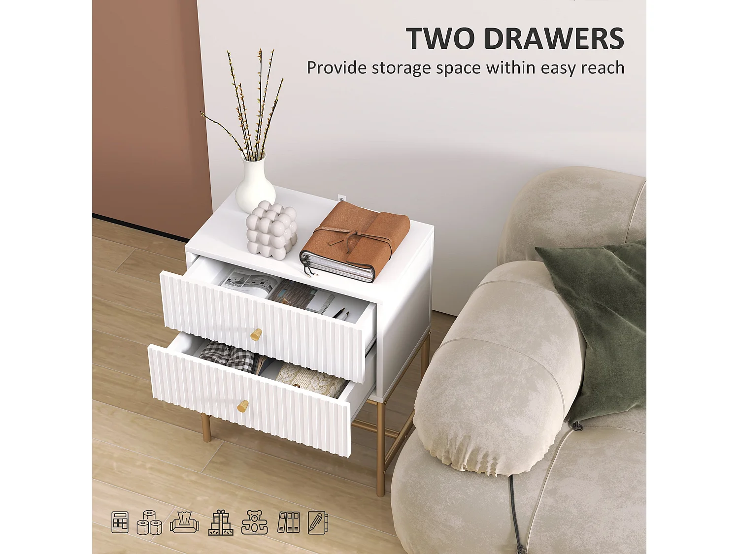 Lelu Rata White and Gold 2 Drawer Ribbed Bedside Table