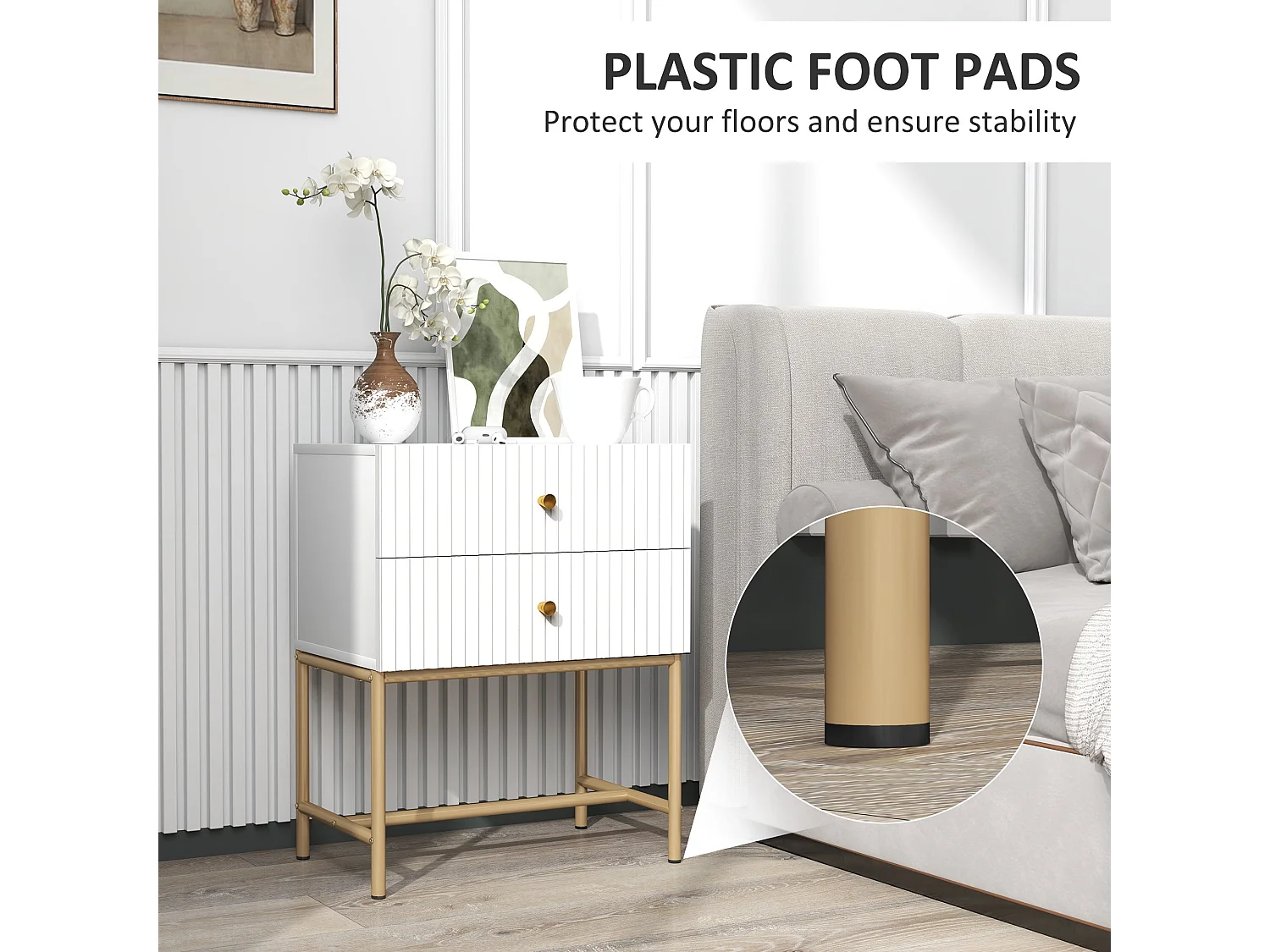 Lelu Rata White and Gold 2 Drawer Ribbed Bedside Table