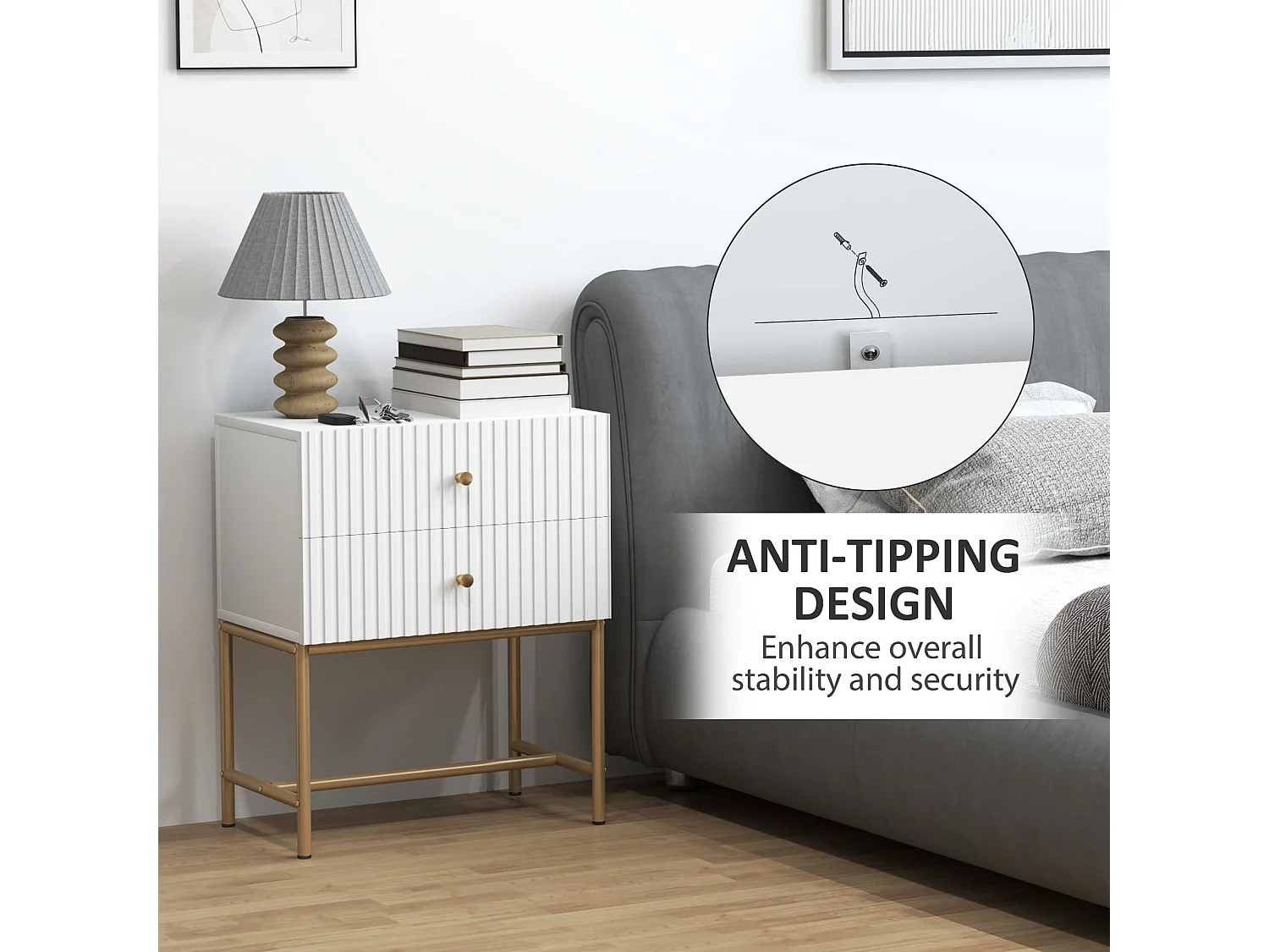 Lelu Rata White and Gold 2 Drawer Ribbed Bedside Table
