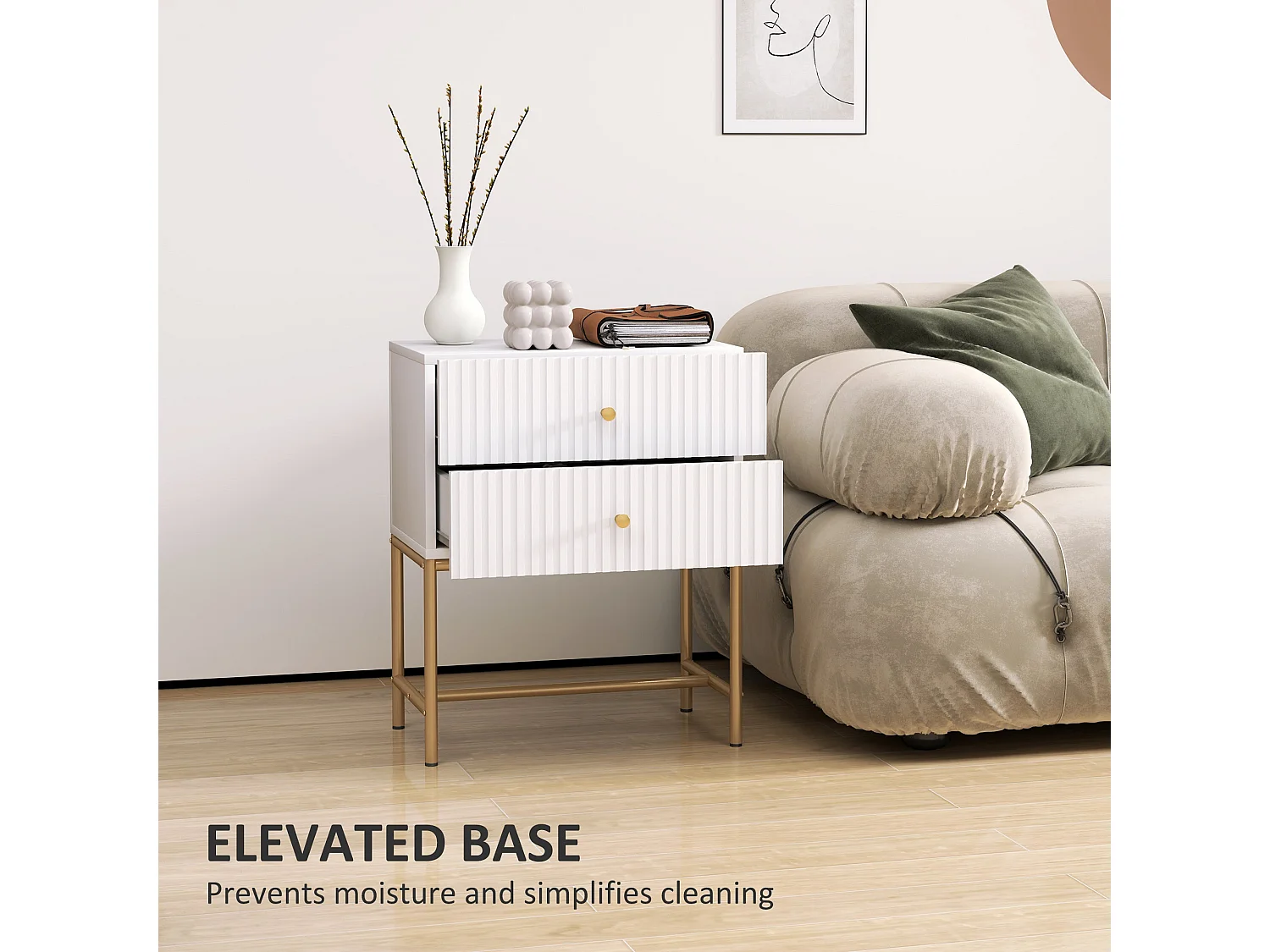 Lelu Rata White and Gold 2 Drawer Ribbed Bedside Table