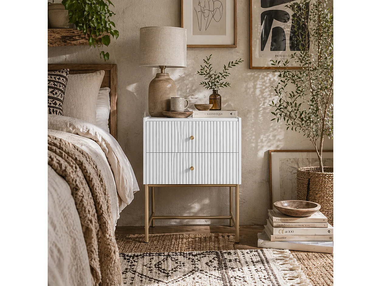 Lelu Rata White and Gold 2 Drawer Ribbed Bedside Table