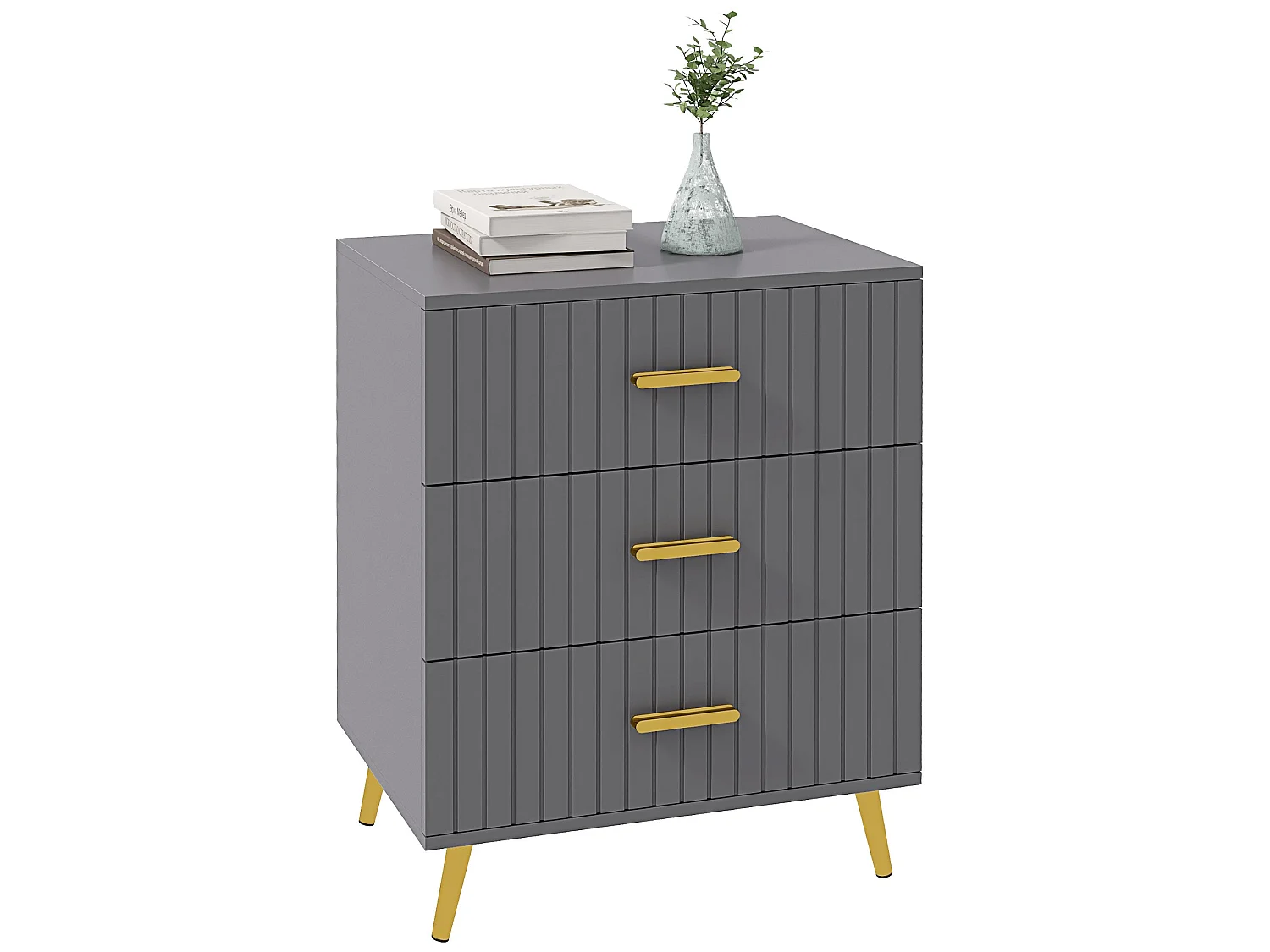 Momase 3 Drawer Embossed Grey and Gold Tone Tall Bedside Table