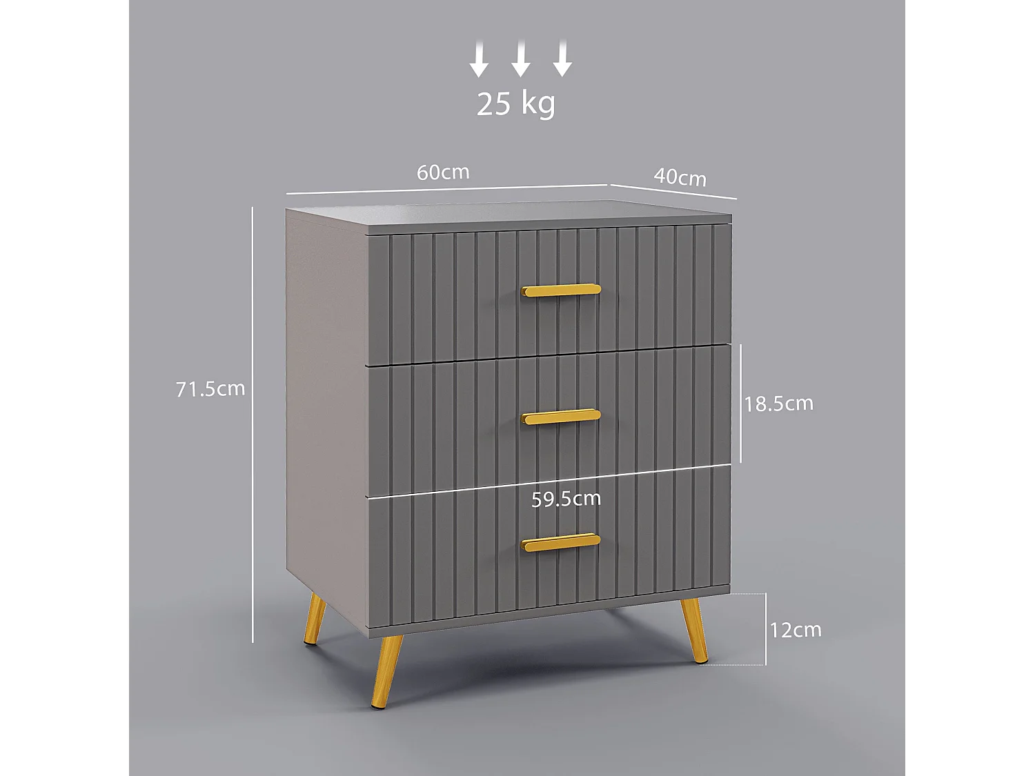 Momase 3 Drawer Embossed Grey and Gold Tone Tall Bedside Table