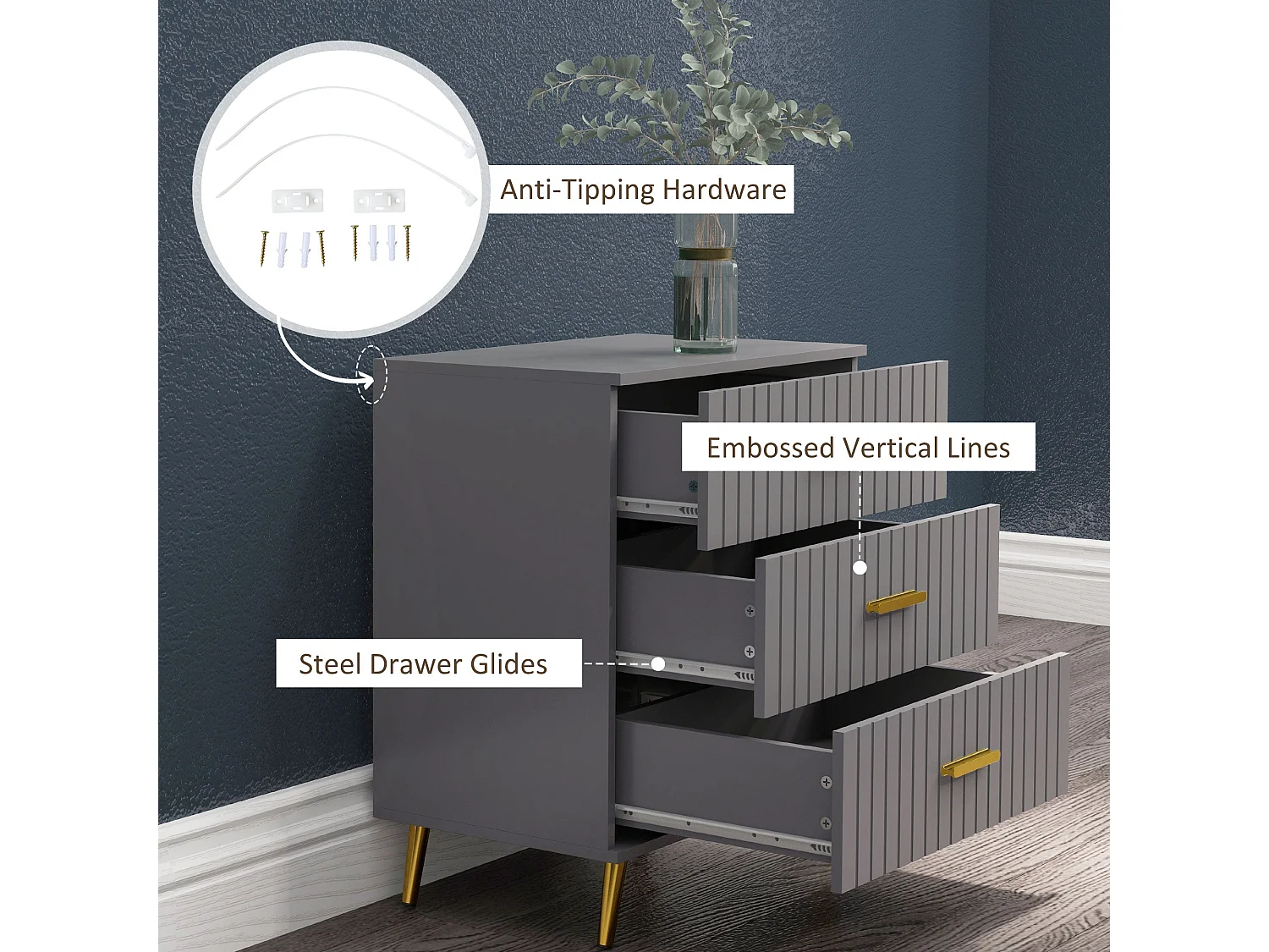 Momase 3 Drawer Embossed Grey and Gold Tone Tall Bedside Table