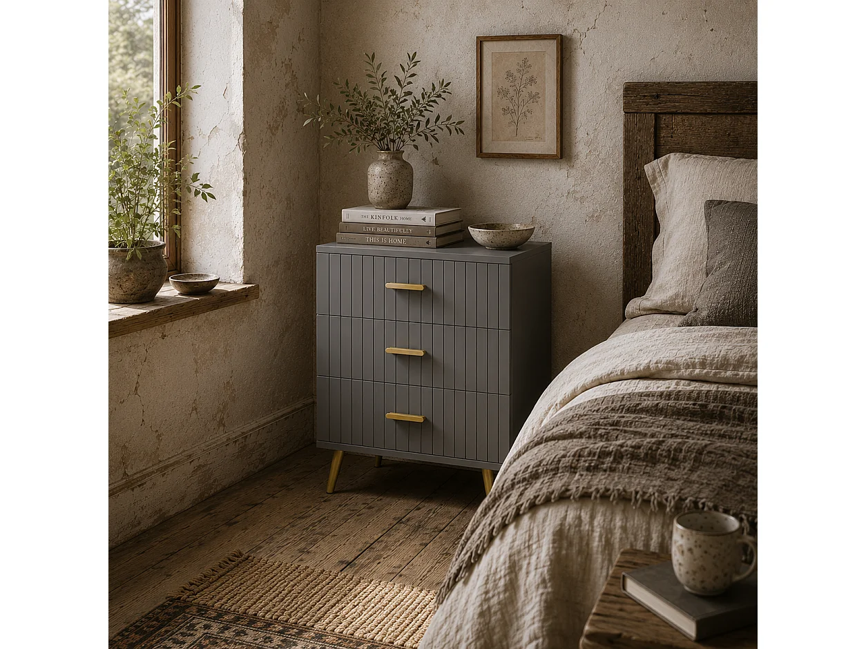 Momase 3 Drawer Embossed Grey and Gold Tone Tall Bedside Table