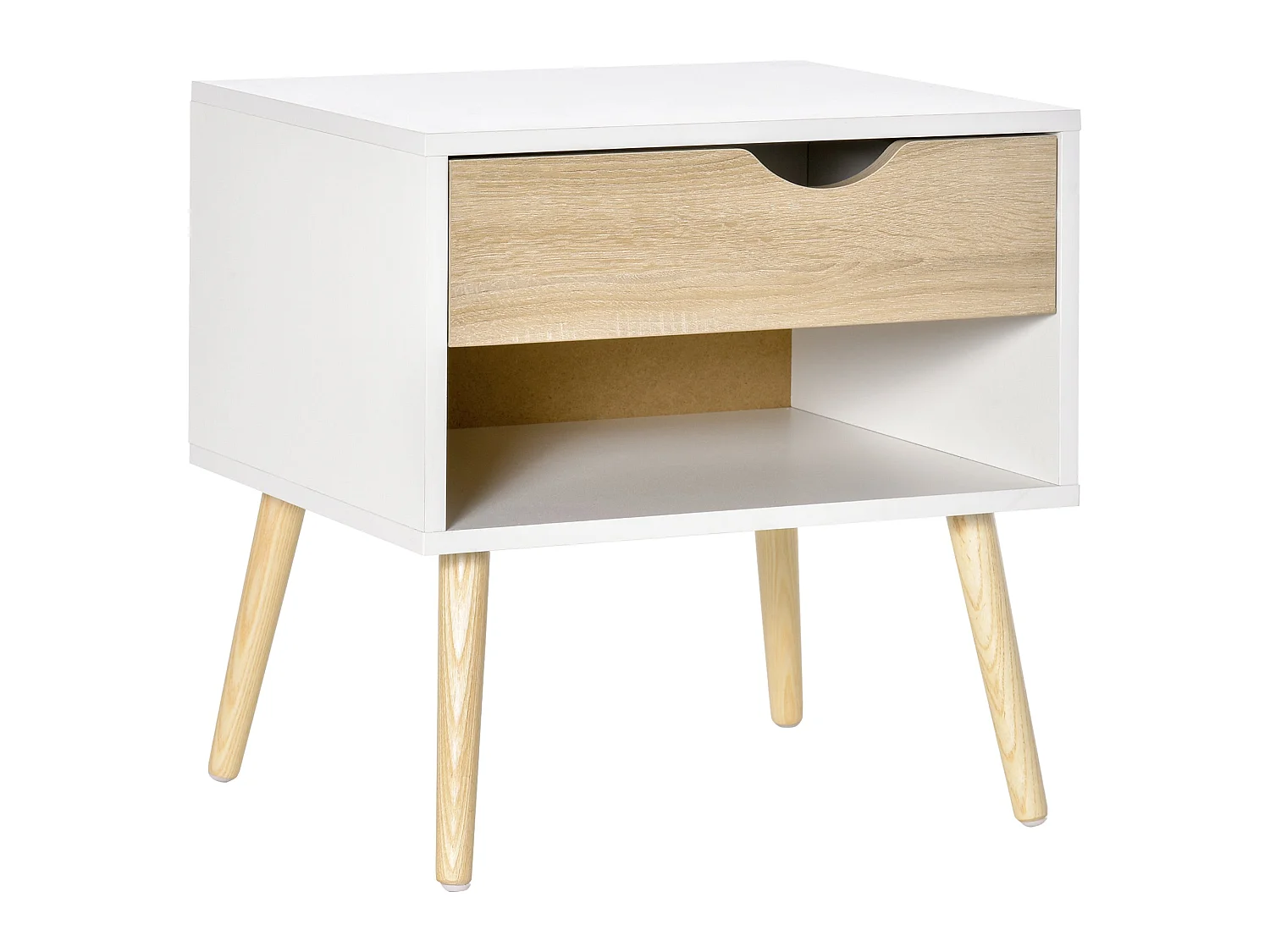 Basuve Modern Bedside Table White and Oak with Drawer and Open Shelf