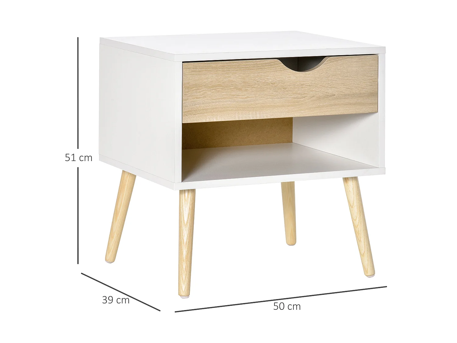Basuve Modern Bedside Table White and Oak with Drawer and Open Shelf