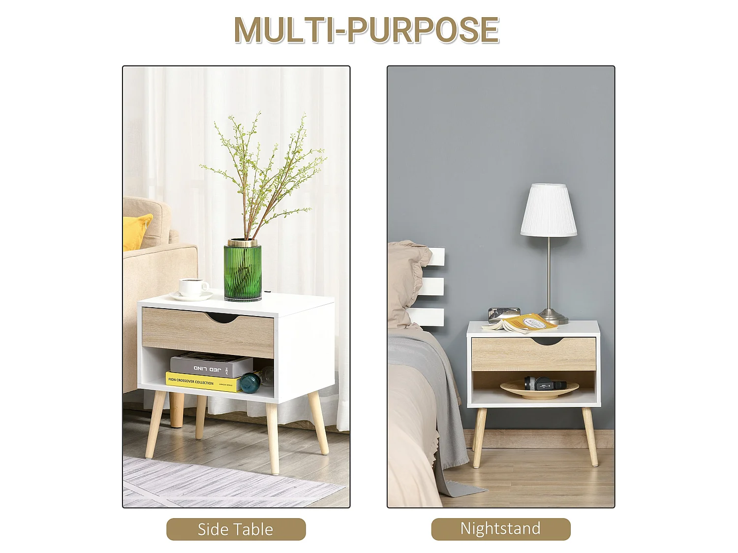 Basuve Modern Bedside Table White and Oak with Drawer and Open Shelf