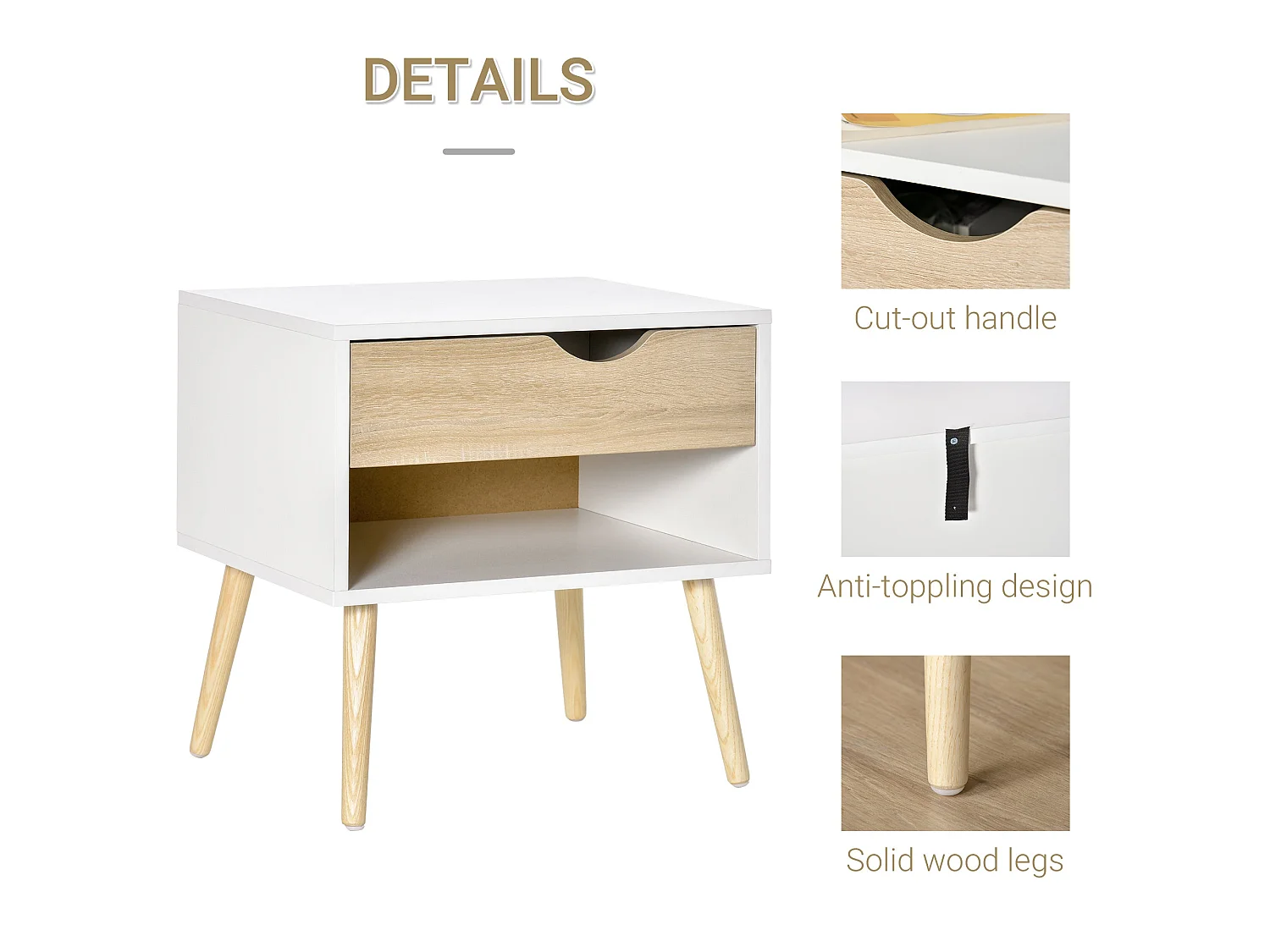 Basuve Modern Bedside Table White and Oak with Drawer and Open Shelf