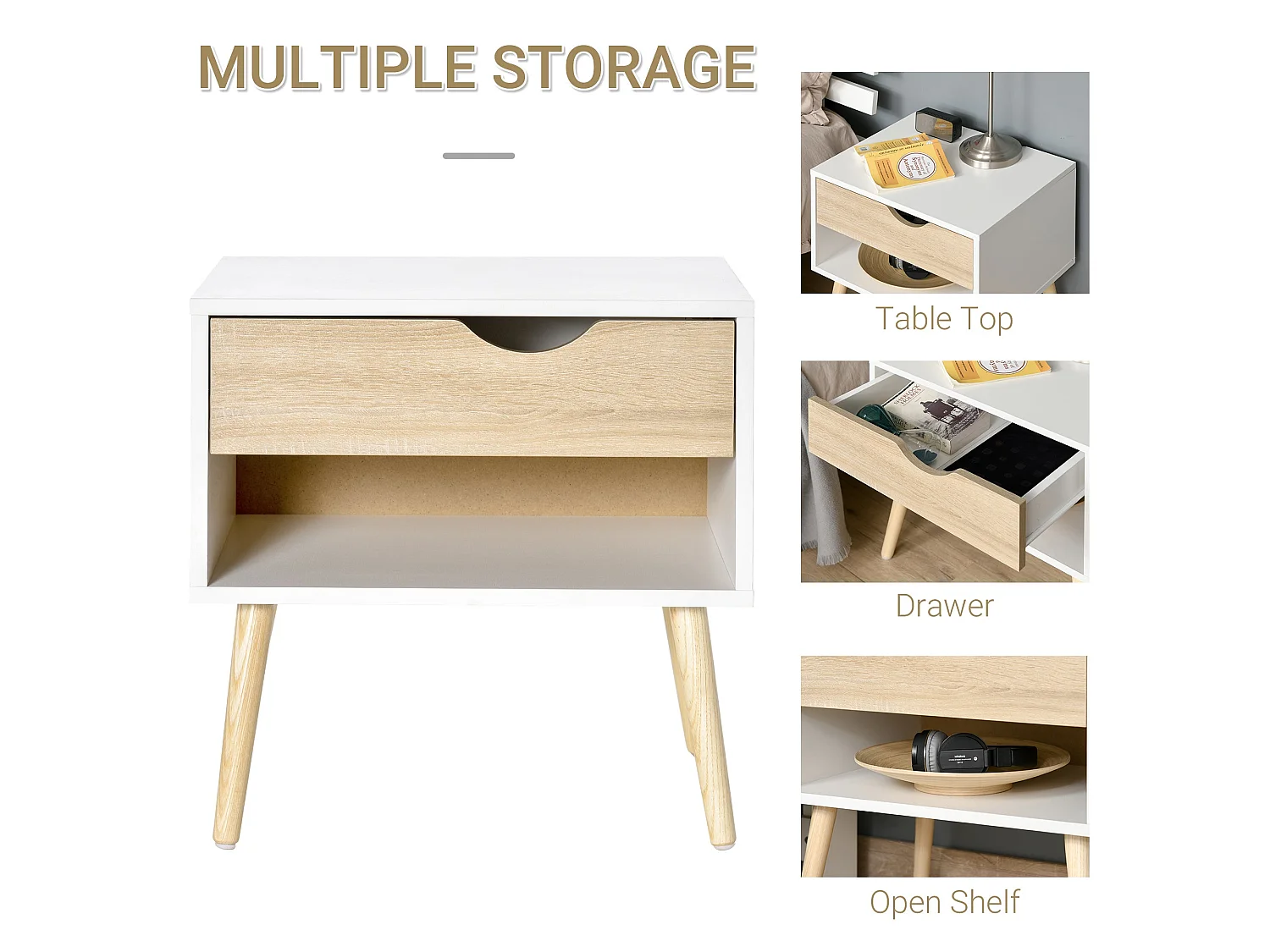 Basuve Modern Bedside Table White and Oak with Drawer and Open Shelf