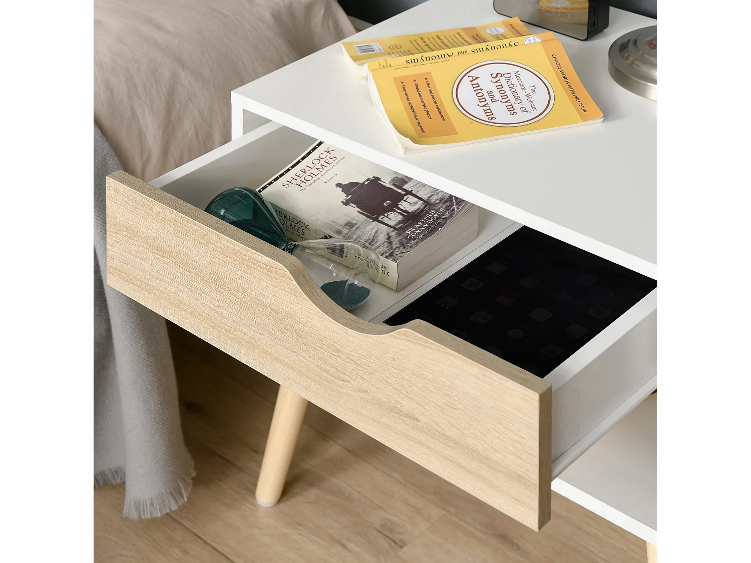 Basuve Modern Bedside Table White and Oak with Drawer and Open Shelf
